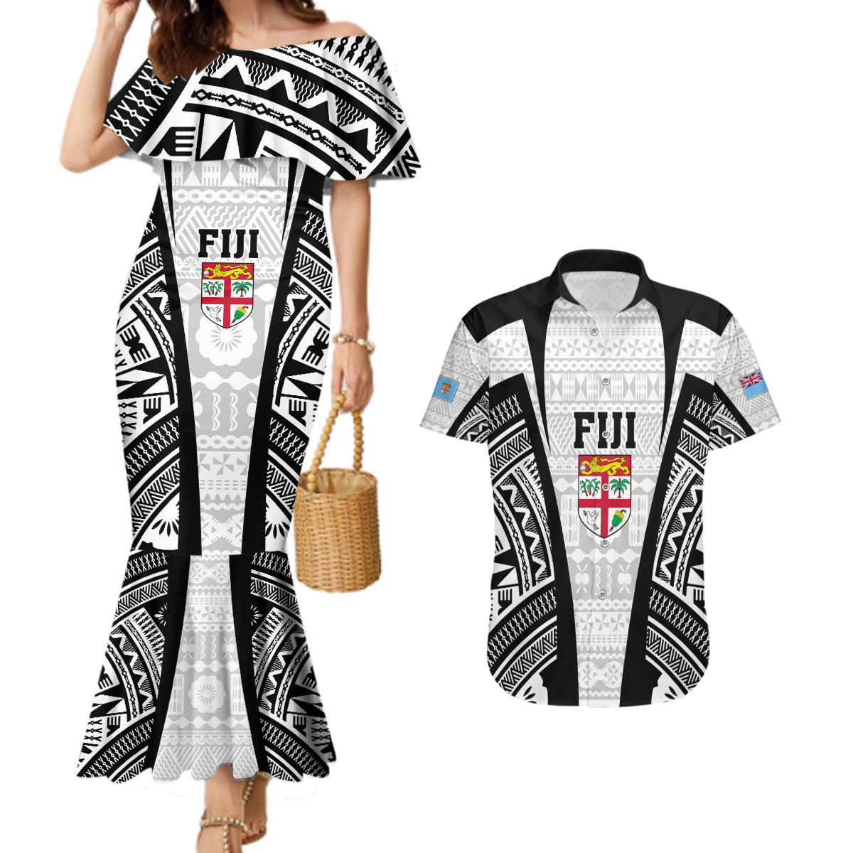 Personalised Fiji Rugby Couples Matching Mermaid Dress and Hawaiian Shirt 2023 World Cup History Makers - White Ver LT7 - Wonder Print Shop