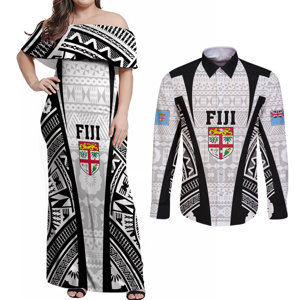 Personalised Fiji Rugby Couples Matching Off Shoulder Maxi Dress and Long Sleeve Button Shirts 2023 World Cup History Makers - White Ver LT7 - Wonder Print Shop