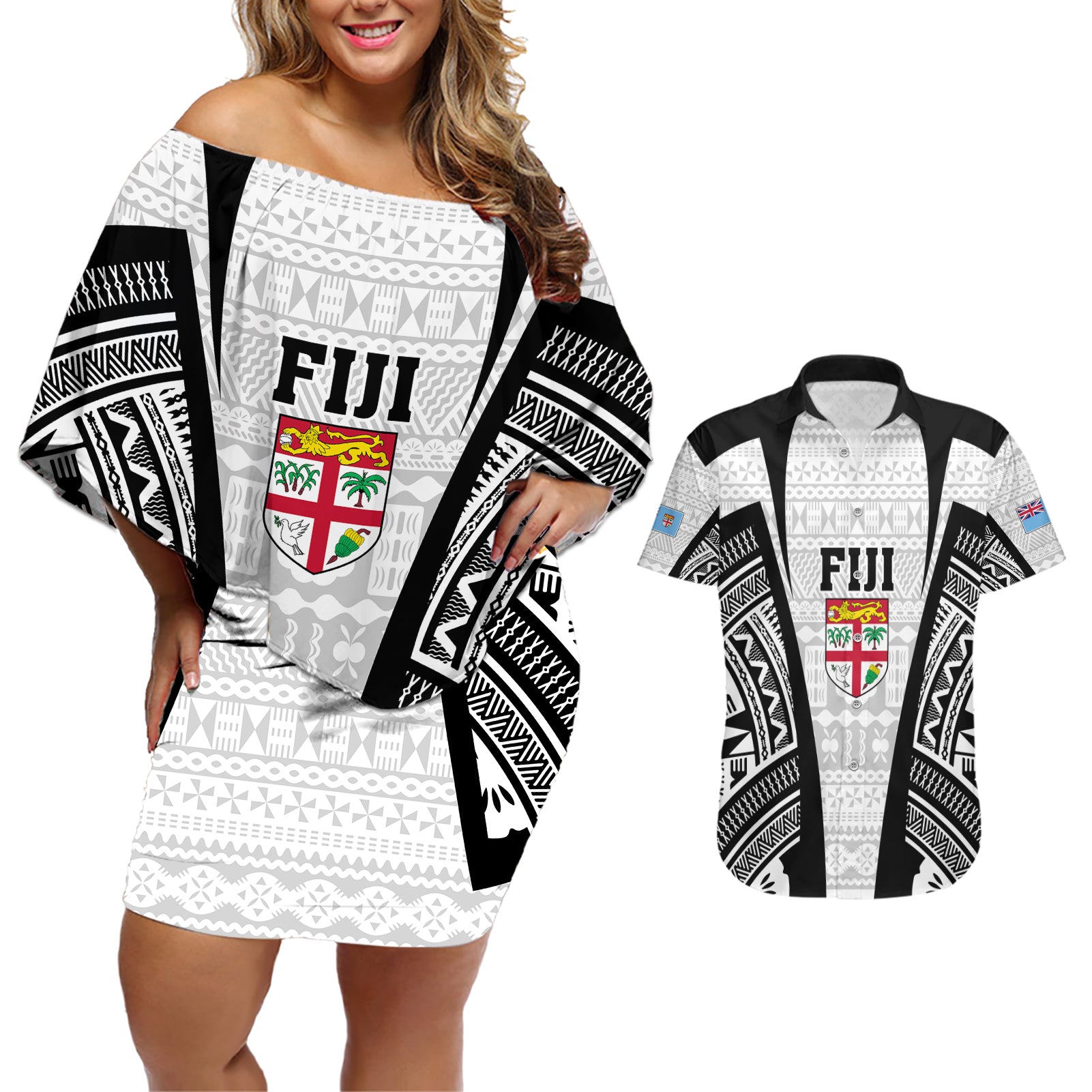 Personalised Fiji Rugby Couples Matching Off Shoulder Short Dress and Hawaiian Shirt 2023 World Cup History Makers - White Ver LT7 - Wonder Print Shop