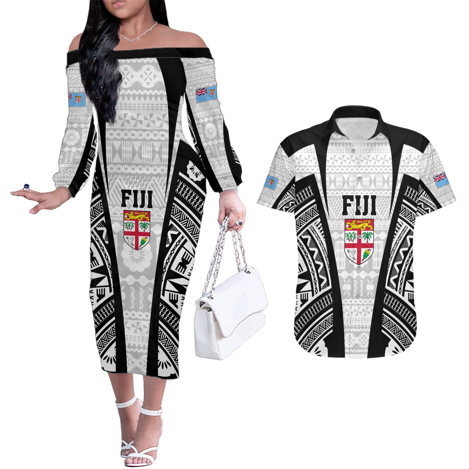 Personalised Fiji Rugby Couples Matching Off The Shoulder Long Sleeve Dress and Hawaiian Shirt 2023 World Cup History Makers - White Ver LT7 - Wonder Print Shop