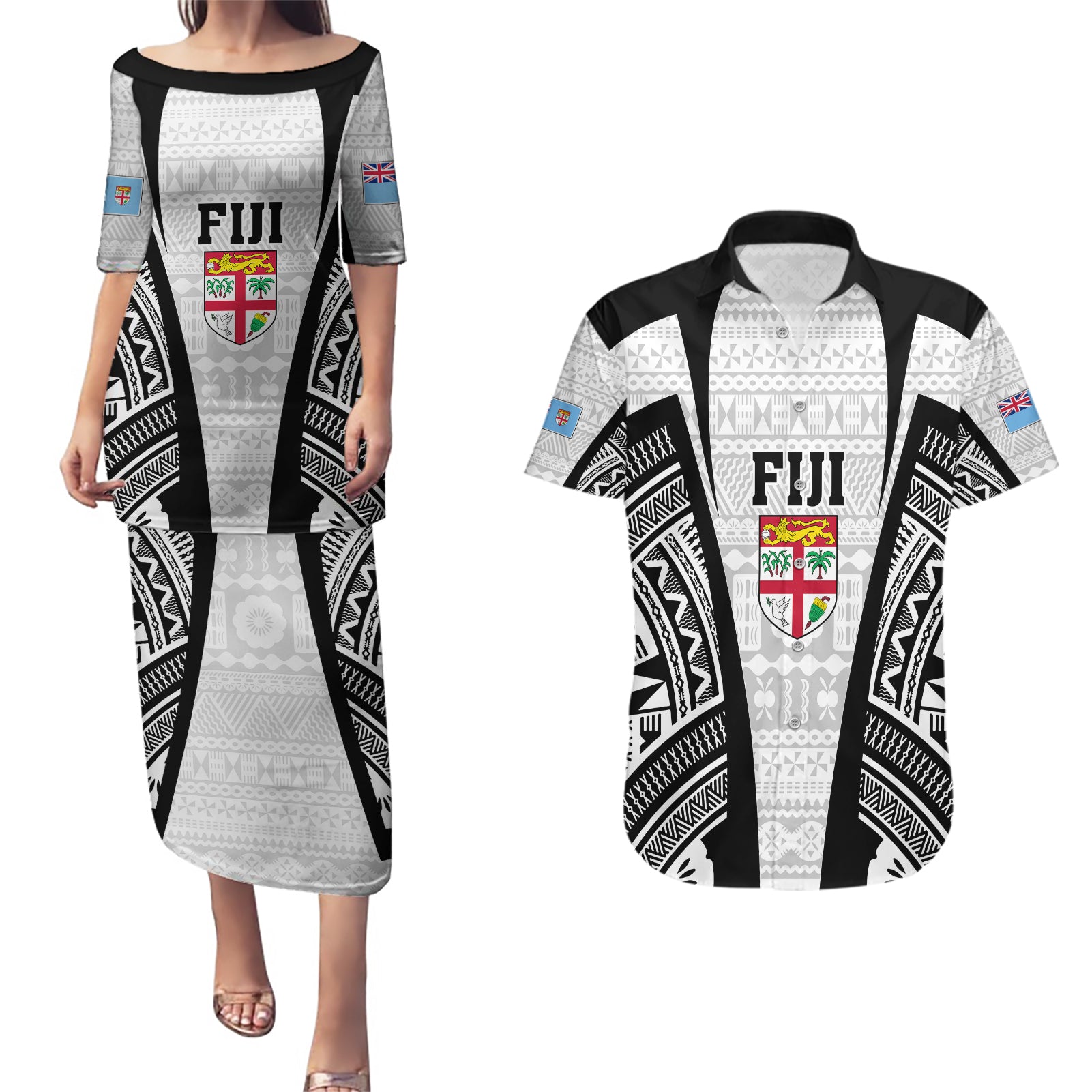 Personalised Fiji Rugby Couples Matching Puletasi Dress and Hawaiian Shirt 2023 World Cup History Makers - White Ver LT7 - Wonder Print Shop