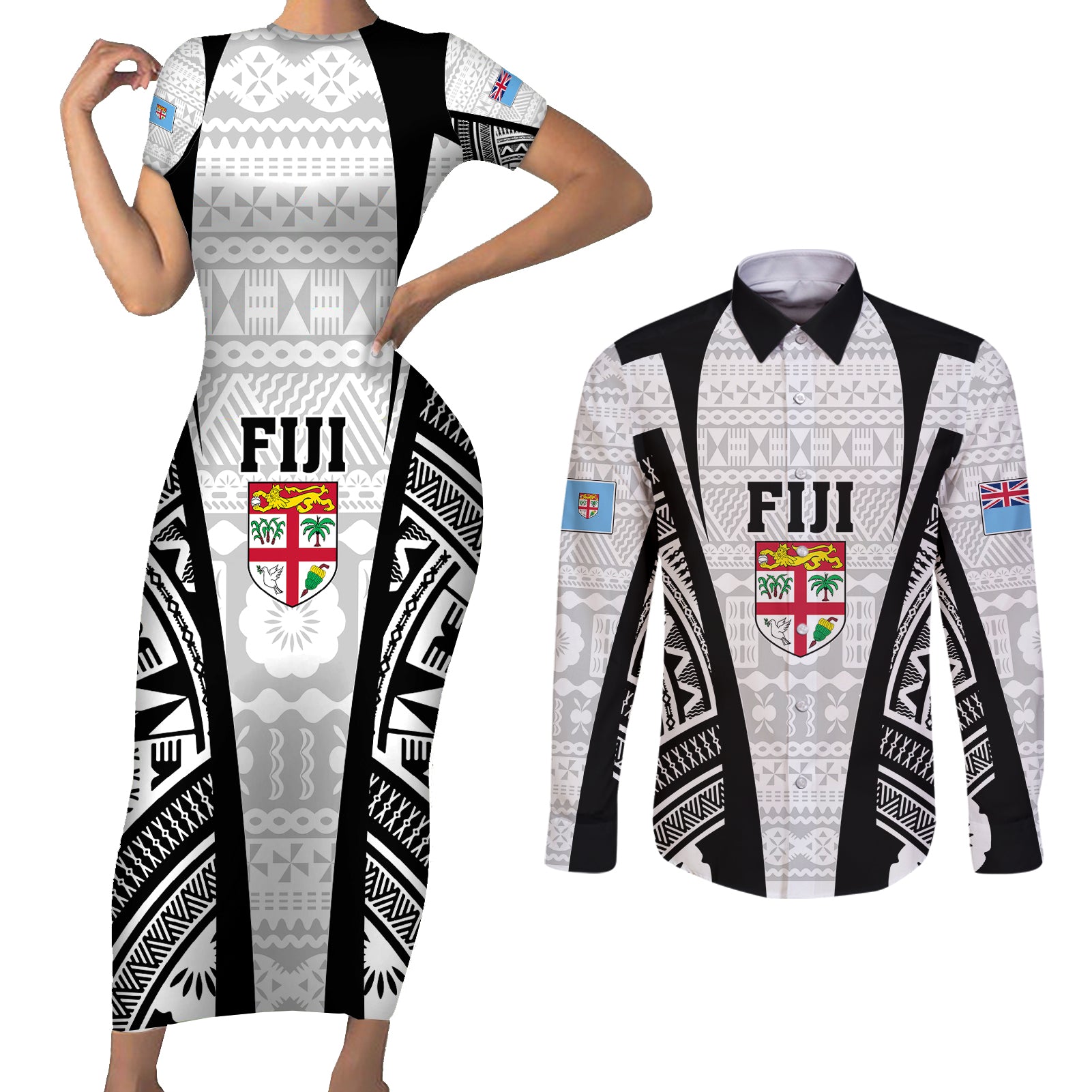 Personalised Fiji Rugby Couples Matching Short Sleeve Bodycon Dress and Long Sleeve Button Shirts 2023 World Cup History Makers - White Ver LT7 - Wonder Print Shop