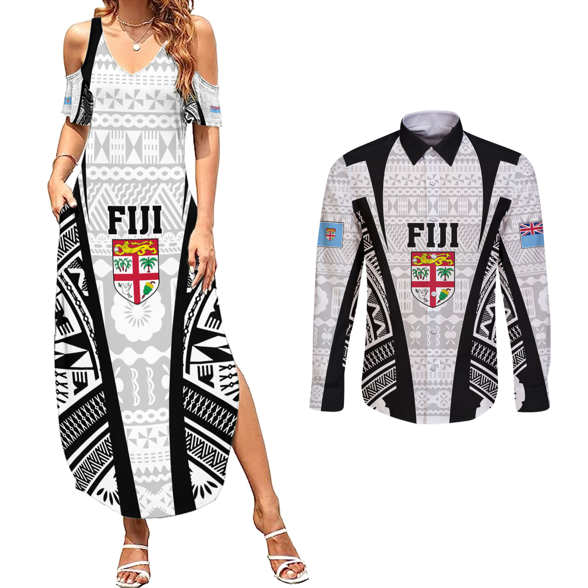 Personalised Fiji Rugby Couples Matching Summer Maxi Dress and Long Sleeve Button Shirts 2023 World Cup History Makers - White Ver LT7 - Wonder Print Shop