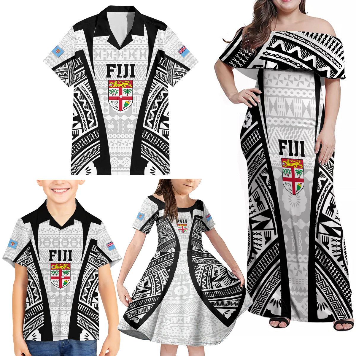 Personalised Fiji Rugby Family Matching Off Shoulder Maxi Dress and Hawaiian Shirt 2023 World Cup History Makers - White Ver LT7 - Wonder Print Shop