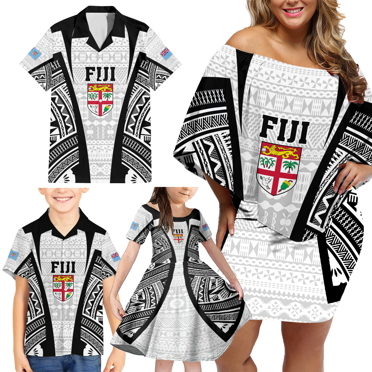 Personalised Fiji Rugby Family Matching Off Shoulder Short Dress and Hawaiian Shirt 2023 World Cup History Makers - White Ver LT7 - Wonder Print Shop