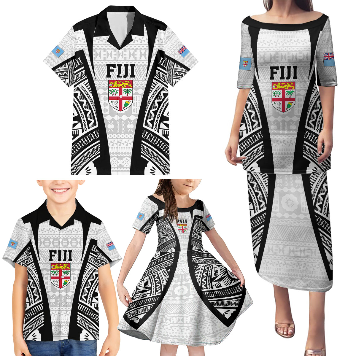 Personalised Fiji Rugby Family Matching Puletasi Dress and Hawaiian Shirt 2023 World Cup History Makers - White Ver - Wonder Print Shop