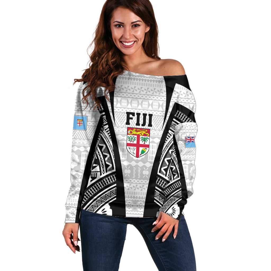 Personalised Fiji Rugby Off Shoulder Sweater 2023 World Cup History Makers - White Ver - Wonder Print Shop