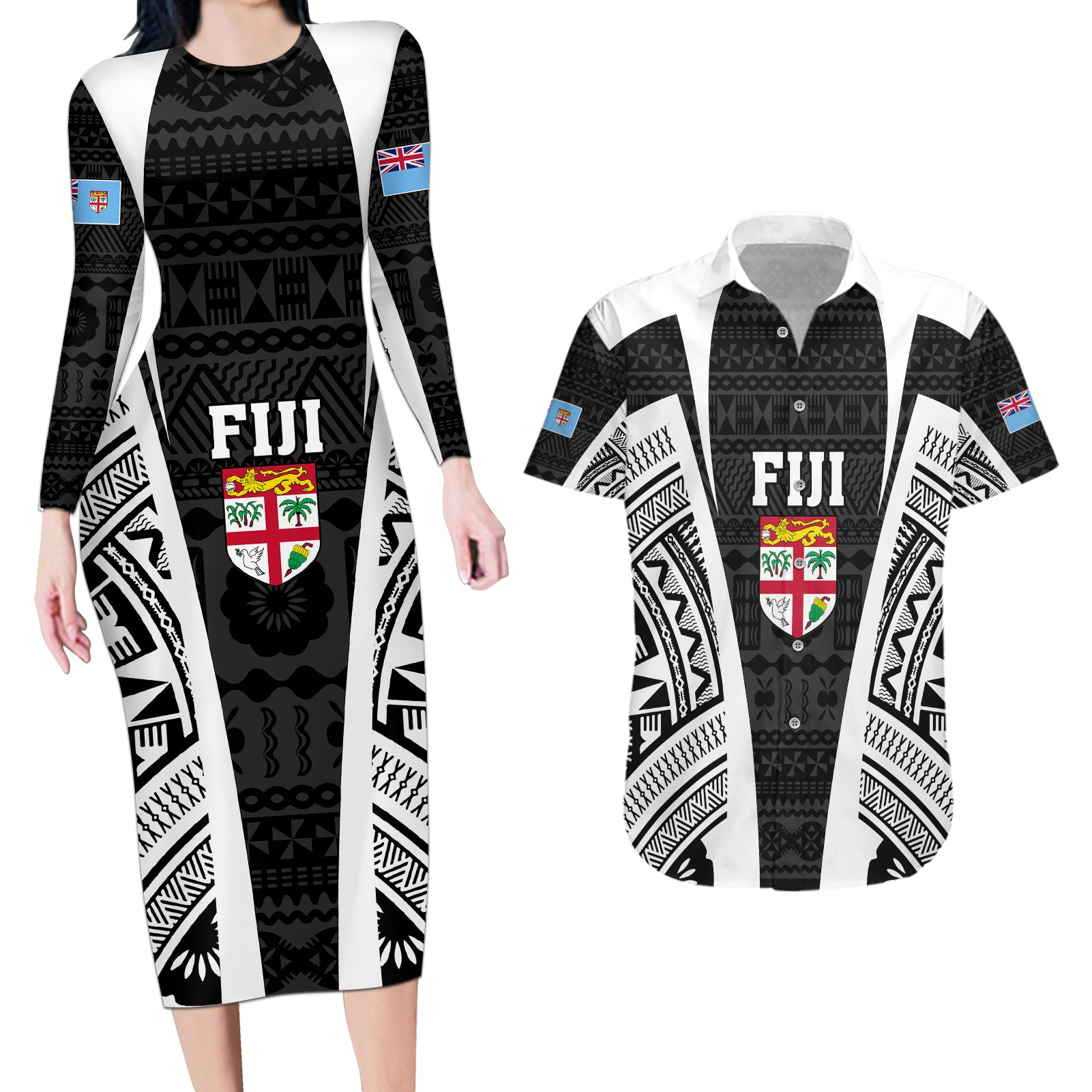 Personalised Fiji Rugby Couples Matching Long Sleeve Bodycon Dress and Hawaiian Shirt 2023 World Cup History Makers - Black Ver LT7 - Wonder Print Shop