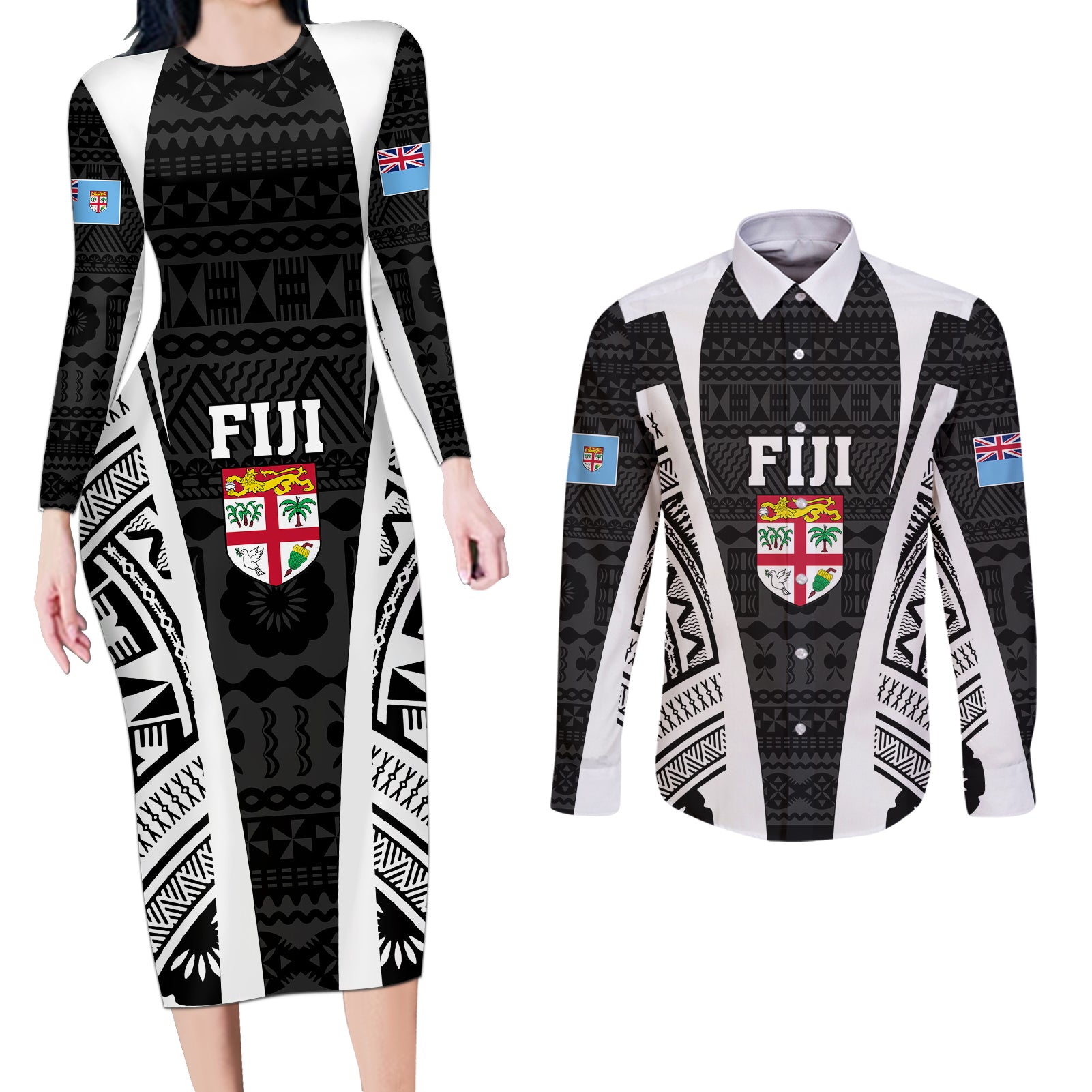 Personalised Fiji Rugby Couples Matching Long Sleeve Bodycon Dress and Long Sleeve Button Shirts 2023 World Cup History Makers - Black Ver LT7 - Wonder Print Shop