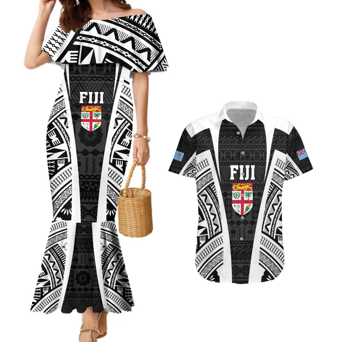 Personalised Fiji Rugby Couples Matching Mermaid Dress and Hawaiian Shirt 2023 World Cup History Makers - Black Ver LT7 - Wonder Print Shop