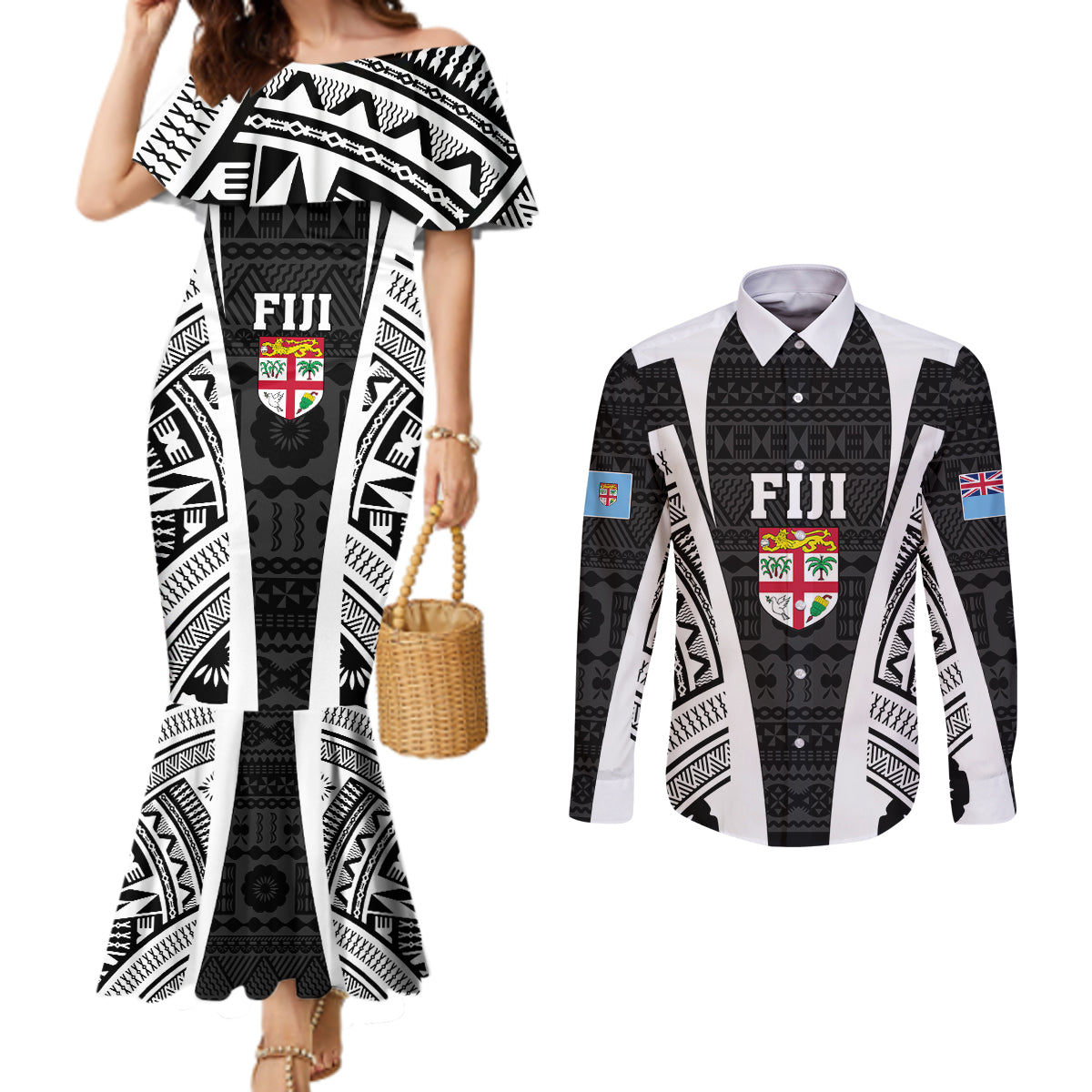 personalised-fiji-rugby-couples-matching-mermaid-dress-and-long-sleeve-button-shirts-2023-world-cup-history-makers-black-ver