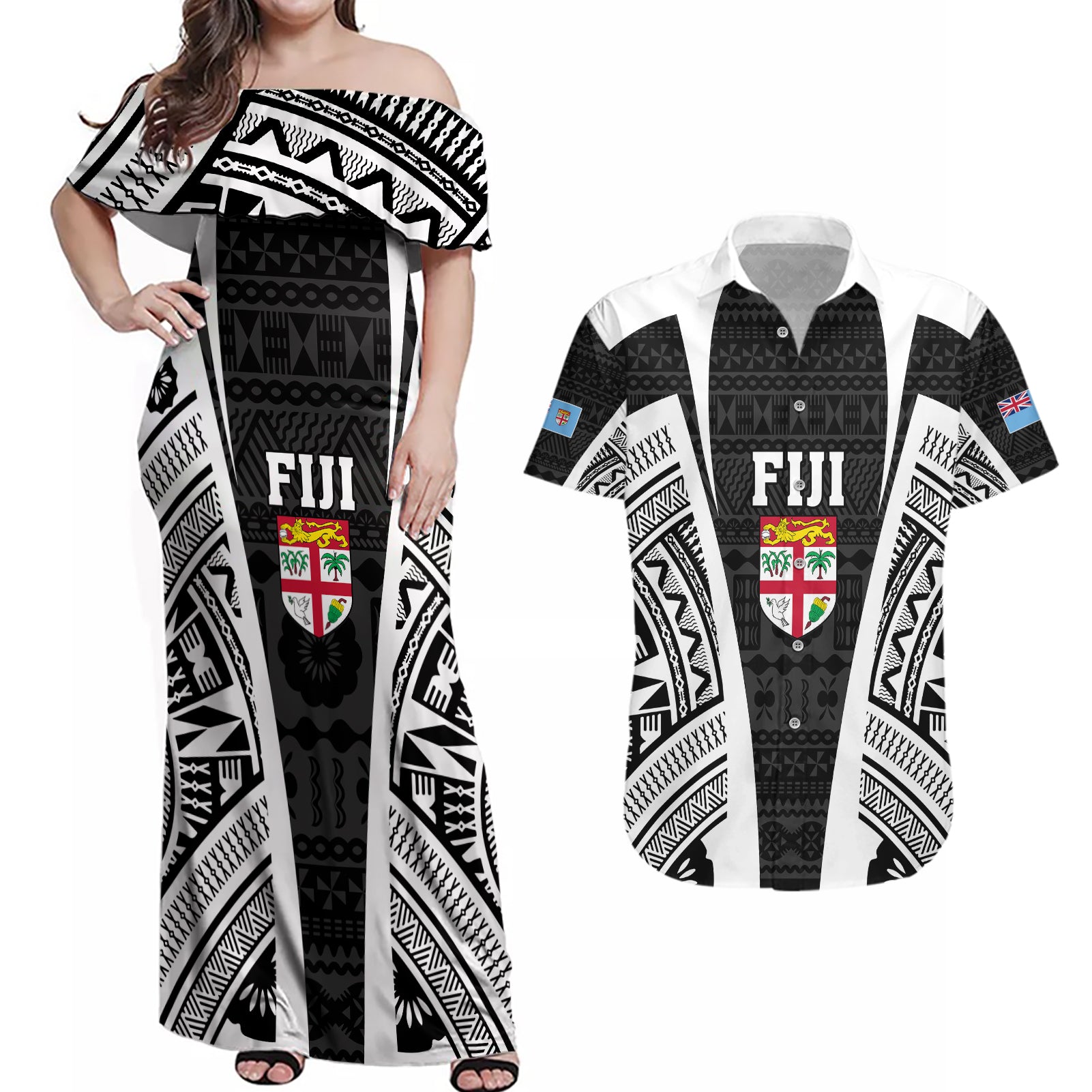 Personalised Fiji Rugby Couples Matching Off Shoulder Maxi Dress and Hawaiian Shirt 2023 World Cup History Makers - Black Ver LT7 - Wonder Print Shop