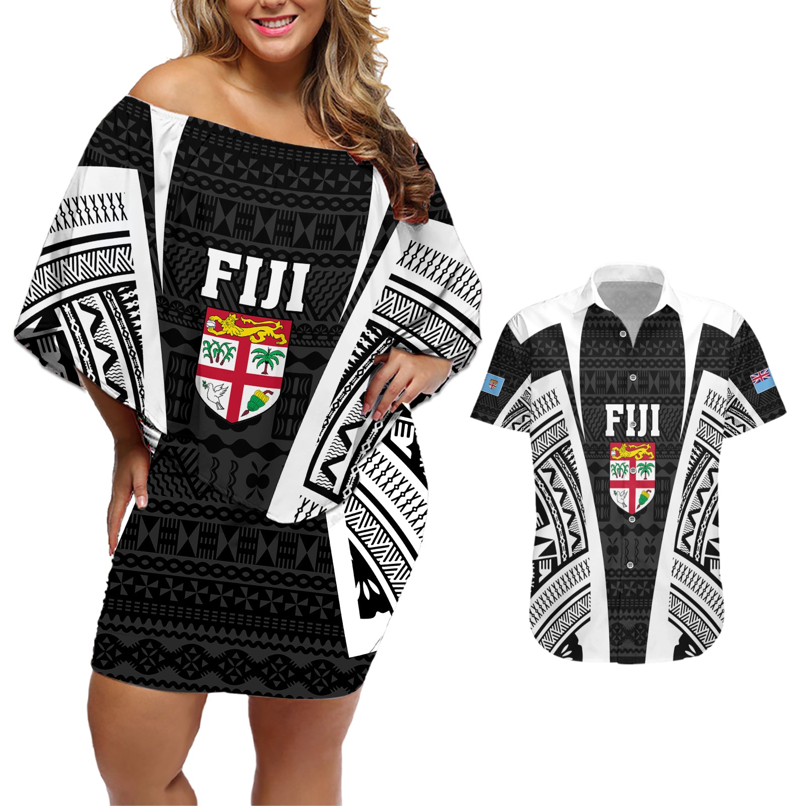 Personalised Fiji Rugby Couples Matching Off Shoulder Short Dress and Hawaiian Shirt 2023 World Cup History Makers - Black Ver LT7 - Wonder Print Shop