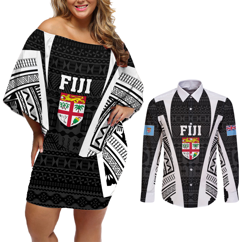 Personalised Fiji Rugby Couples Matching Off Shoulder Short Dress and Long Sleeve Button Shirts 2023 World Cup History Makers - Black Ver LT7 - Wonder Print Shop