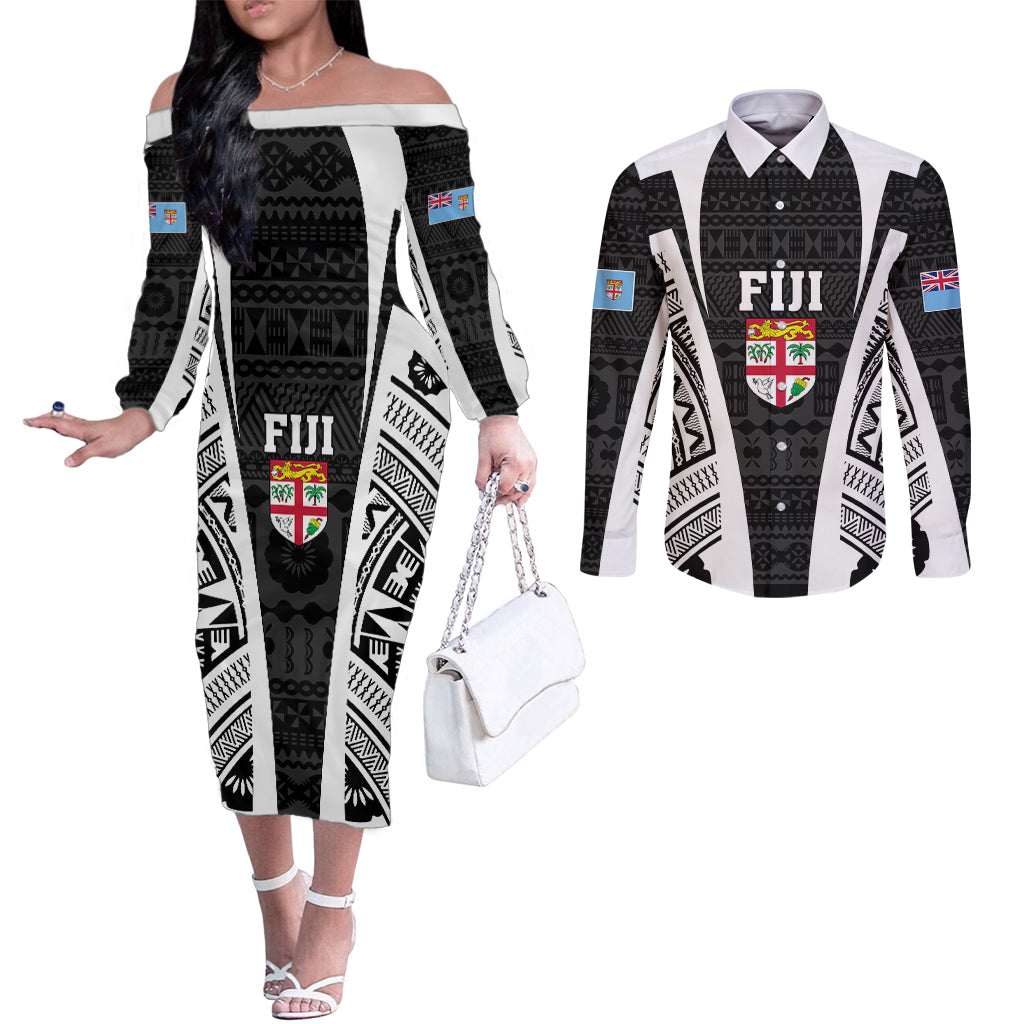 personalised-fiji-rugby-couples-matching-off-the-shoulder-long-sleeve-dress-and-long-sleeve-button-shirts-2023-world-cup-history-makers-black-ver