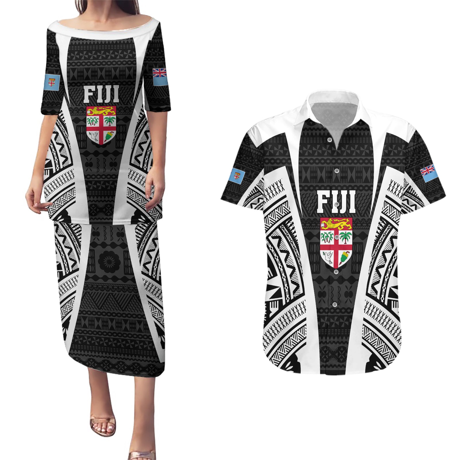 Personalised Fiji Rugby Couples Matching Puletasi Dress and Hawaiian Shirt 2023 World Cup History Makers - Black Ver LT7 - Wonder Print Shop