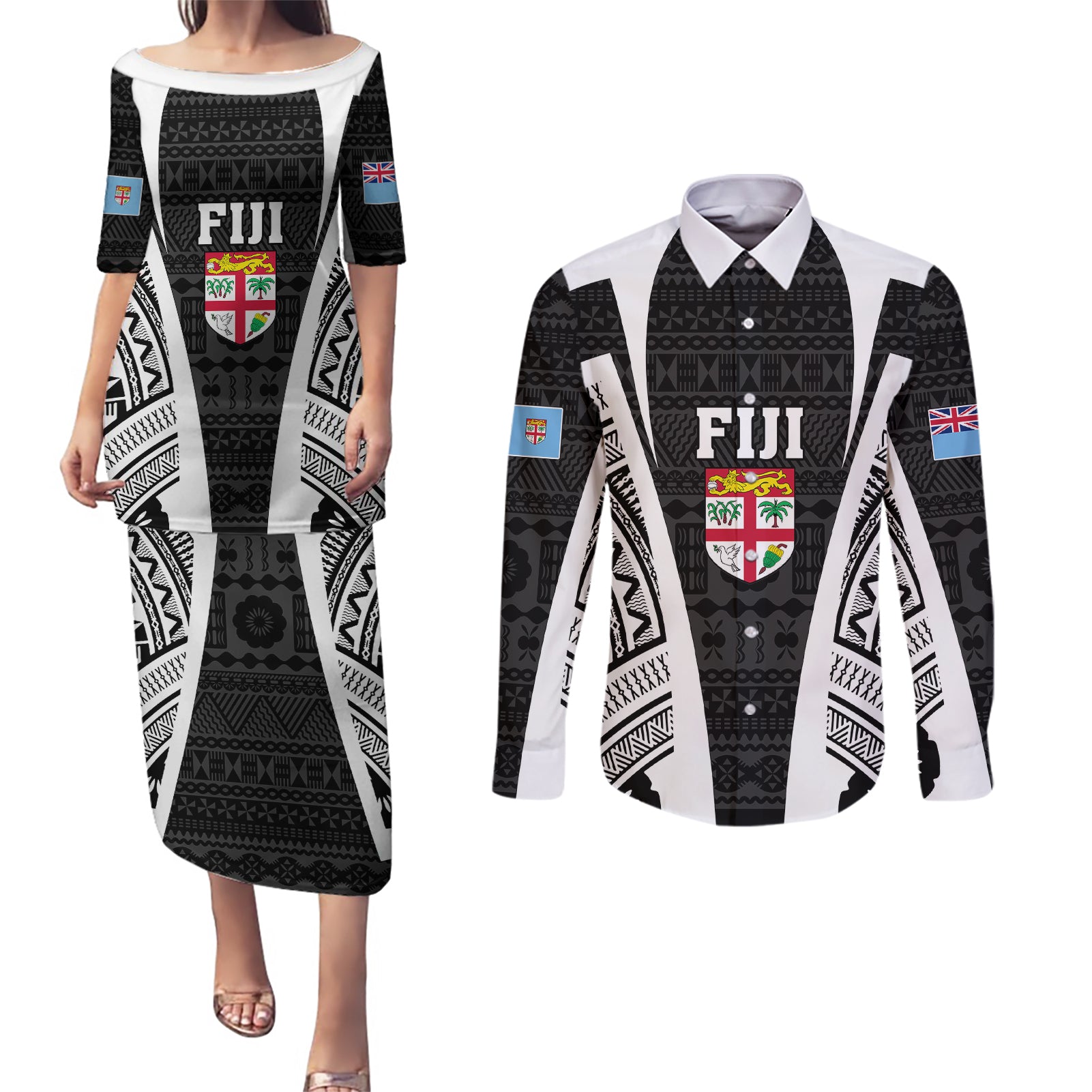 Personalised Fiji Rugby Couples Matching Puletasi Dress and Long Sleeve Button Shirts 2023 World Cup History Makers - Black Ver LT7 - Wonder Print Shop