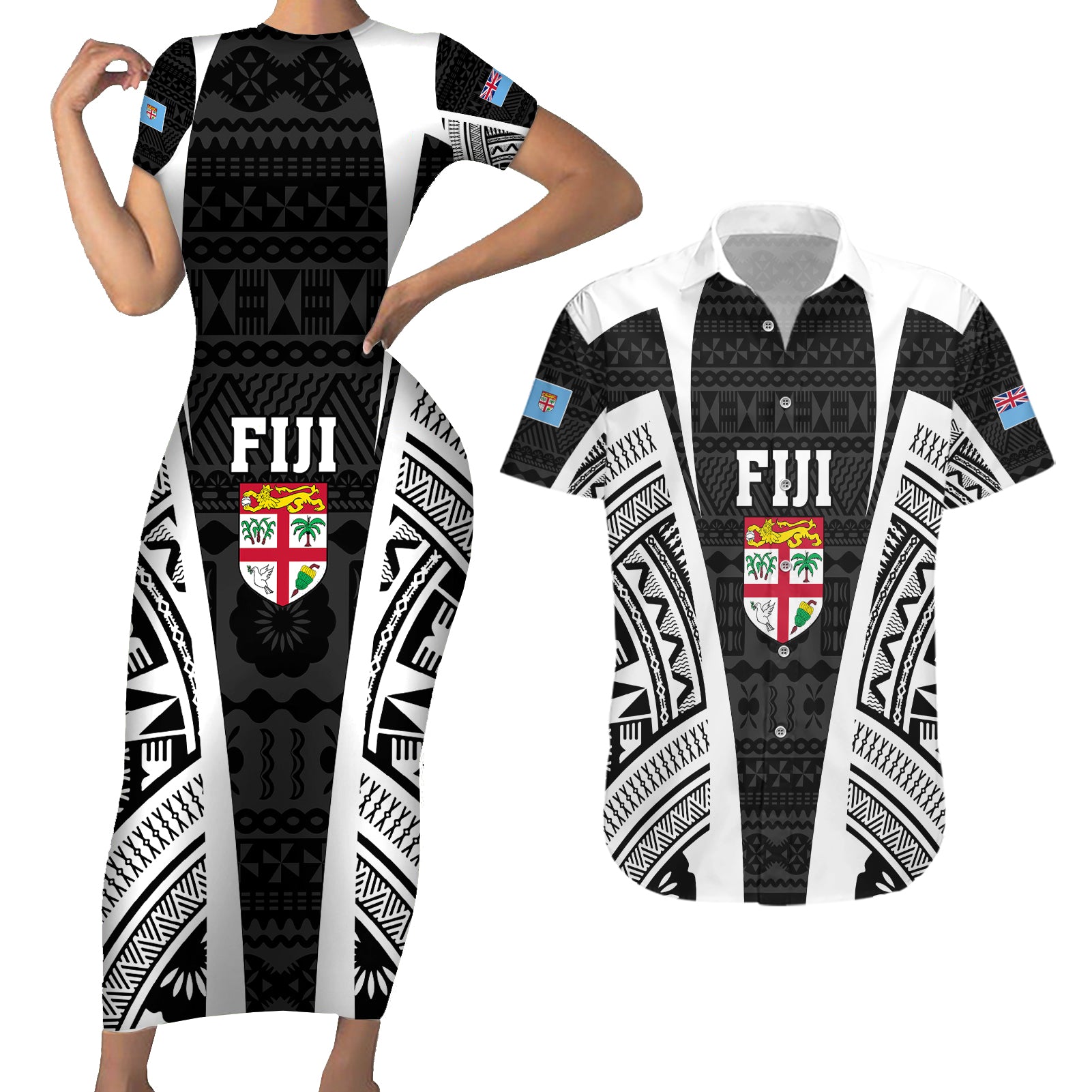 Personalised Fiji Rugby Couples Matching Short Sleeve Bodycon Dress and Hawaiian Shirt 2023 World Cup History Makers - Black Ver LT7 - Wonder Print Shop