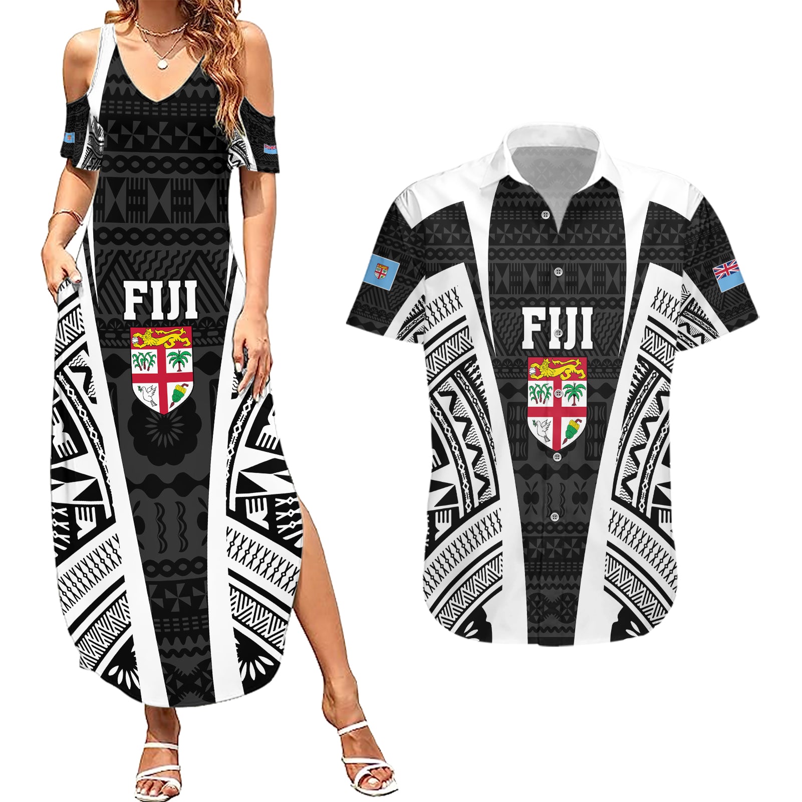 Personalised Fiji Rugby Couples Matching Summer Maxi Dress and Hawaiian Shirt 2023 World Cup History Makers - Black Ver LT7 - Wonder Print Shop