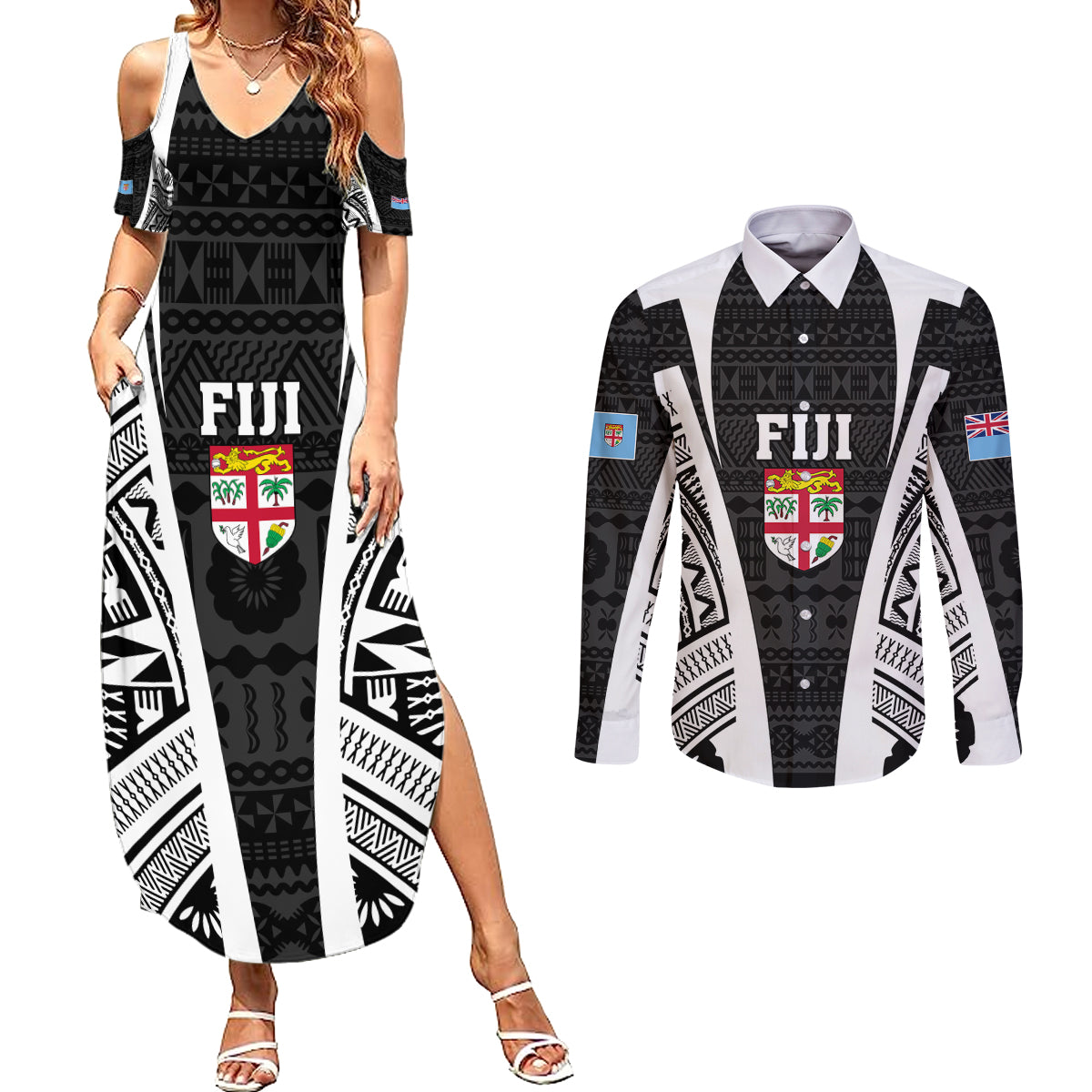 Personalised Fiji Rugby Couples Matching Summer Maxi Dress and Long Sleeve Button Shirts 2023 World Cup History Makers - Black Ver LT7 - Wonder Print Shop