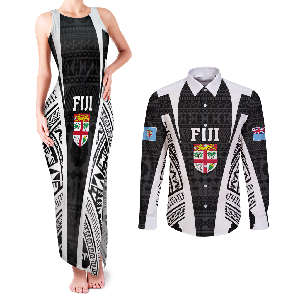 Personalised Fiji Rugby Couples Matching Tank Maxi Dress and Long Sleeve Button Shirts 2023 World Cup History Makers - Black Ver LT7 - Wonder Print Shop