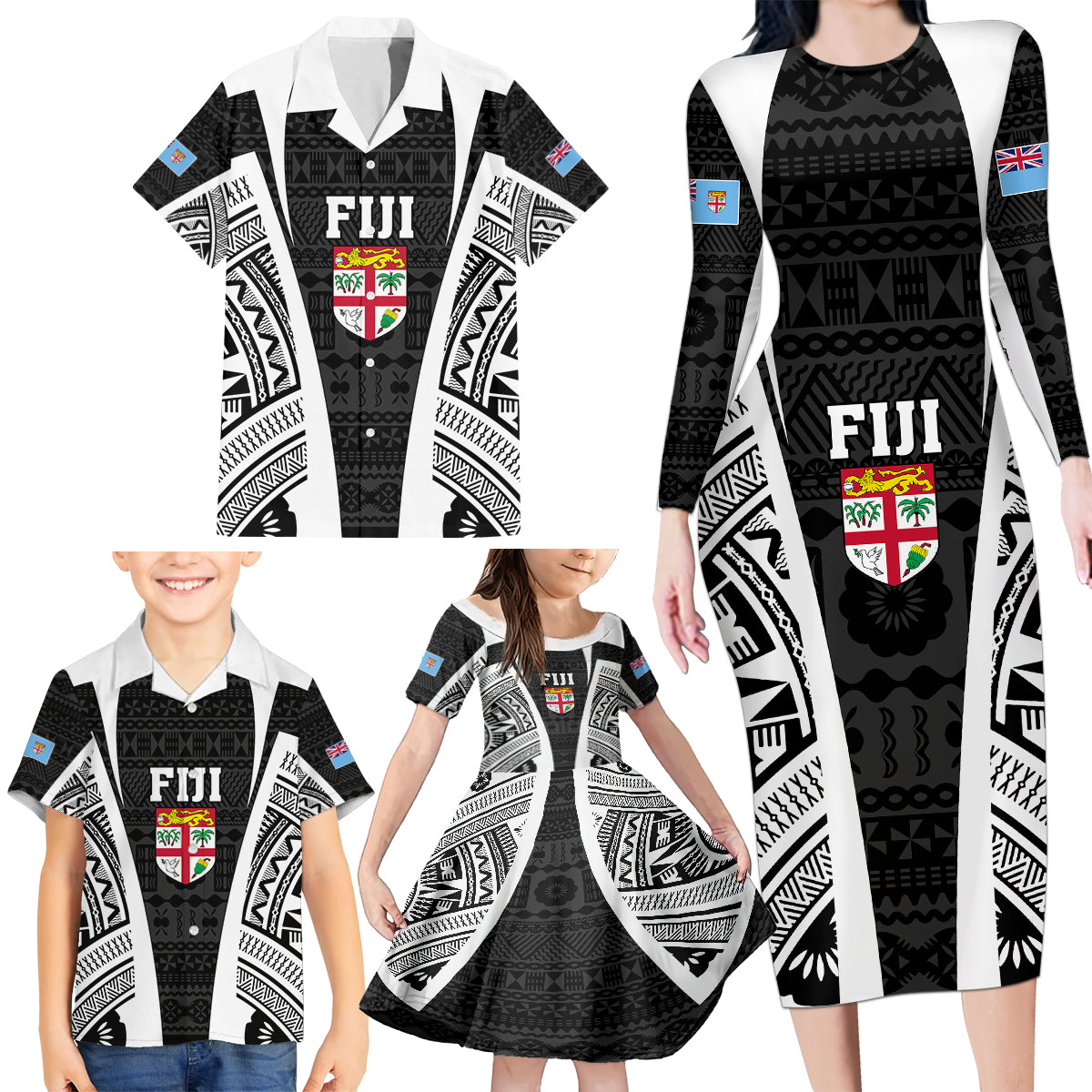 Personalised Fiji Rugby Family Matching Long Sleeve Bodycon Dress and Hawaiian Shirt 2023 World Cup History Makers - Black Ver LT7 - Wonder Print Shop