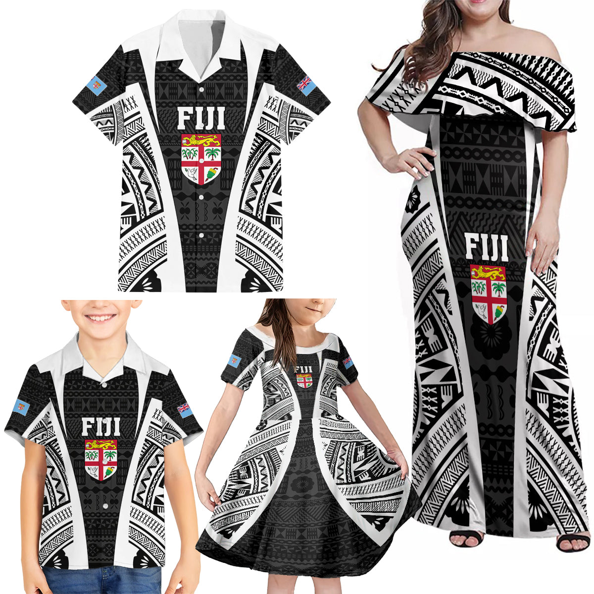 Personalised Fiji Rugby Family Matching Off Shoulder Maxi Dress and Hawaiian Shirt 2023 World Cup History Makers - Black Ver LT7 - Wonder Print Shop