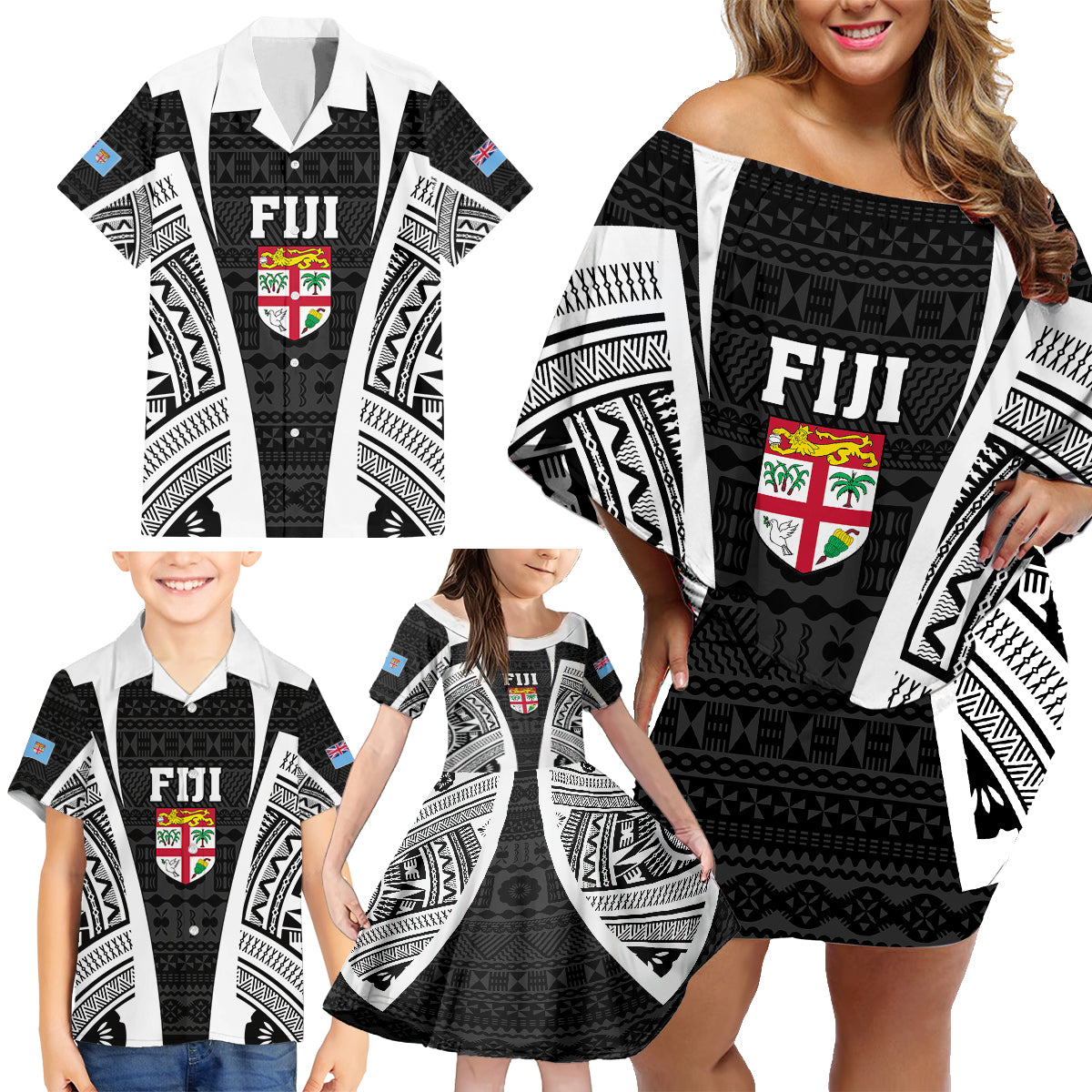 Personalised Fiji Rugby Family Matching Off Shoulder Short Dress and Hawaiian Shirt 2023 World Cup History Makers - Black Ver LT7 - Wonder Print Shop