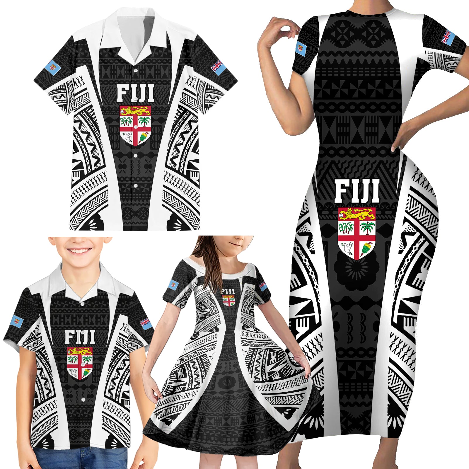 Personalised Fiji Rugby Family Matching Short Sleeve Bodycon Dress and Hawaiian Shirt 2023 World Cup History Makers - Black Ver - Wonder Print Shop