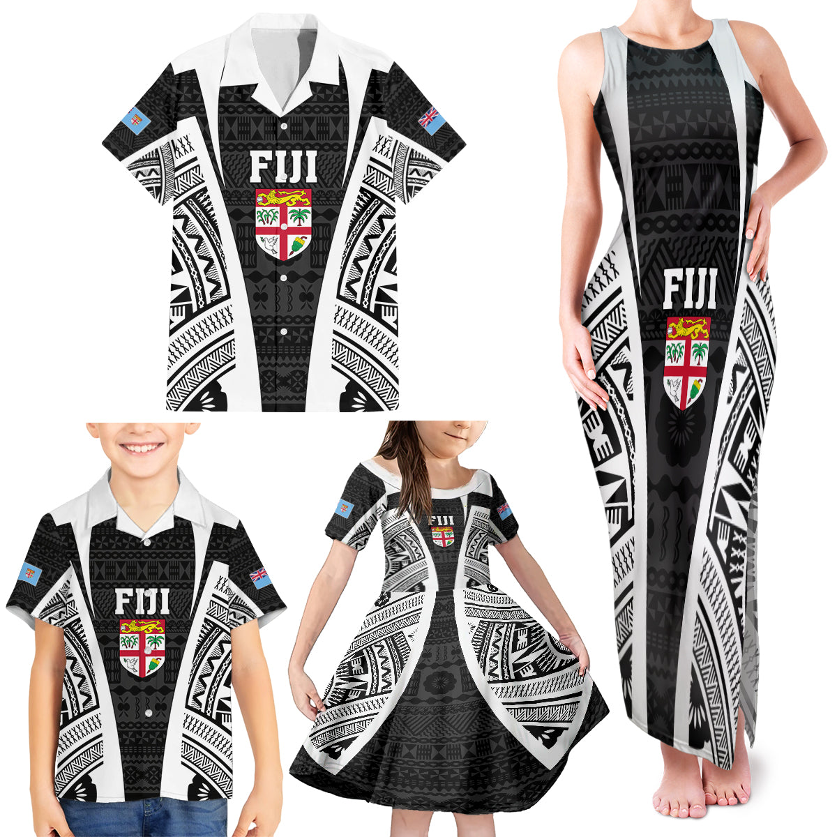 Personalised Fiji Rugby Family Matching Tank Maxi Dress and Hawaiian Shirt 2023 World Cup History Makers - Black Ver - Wonder Print Shop