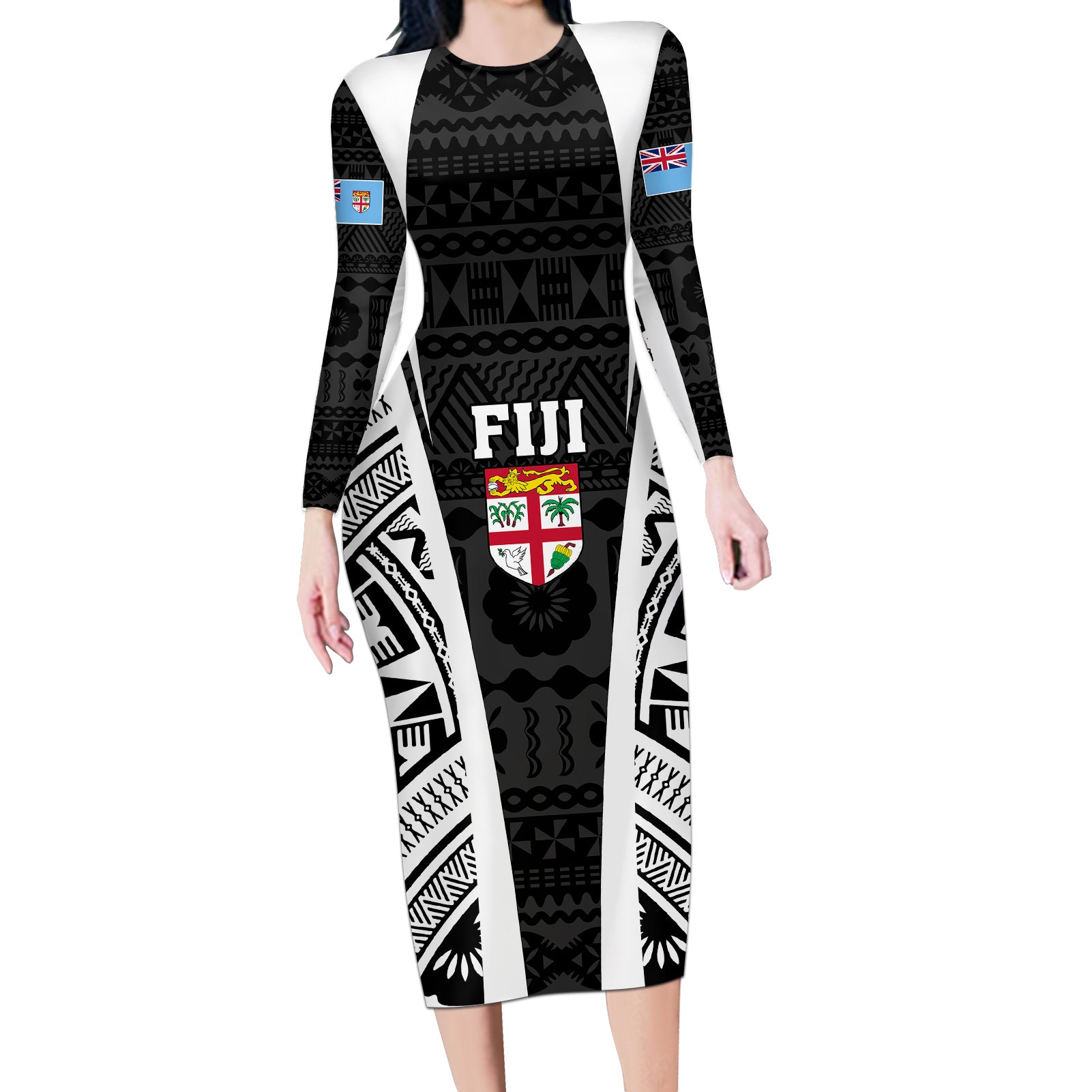 Personalised Fiji Rugby Long Sleeve Bodycon Dress 2023 World Cup History Makers - Black Ver - Wonder Print Shop