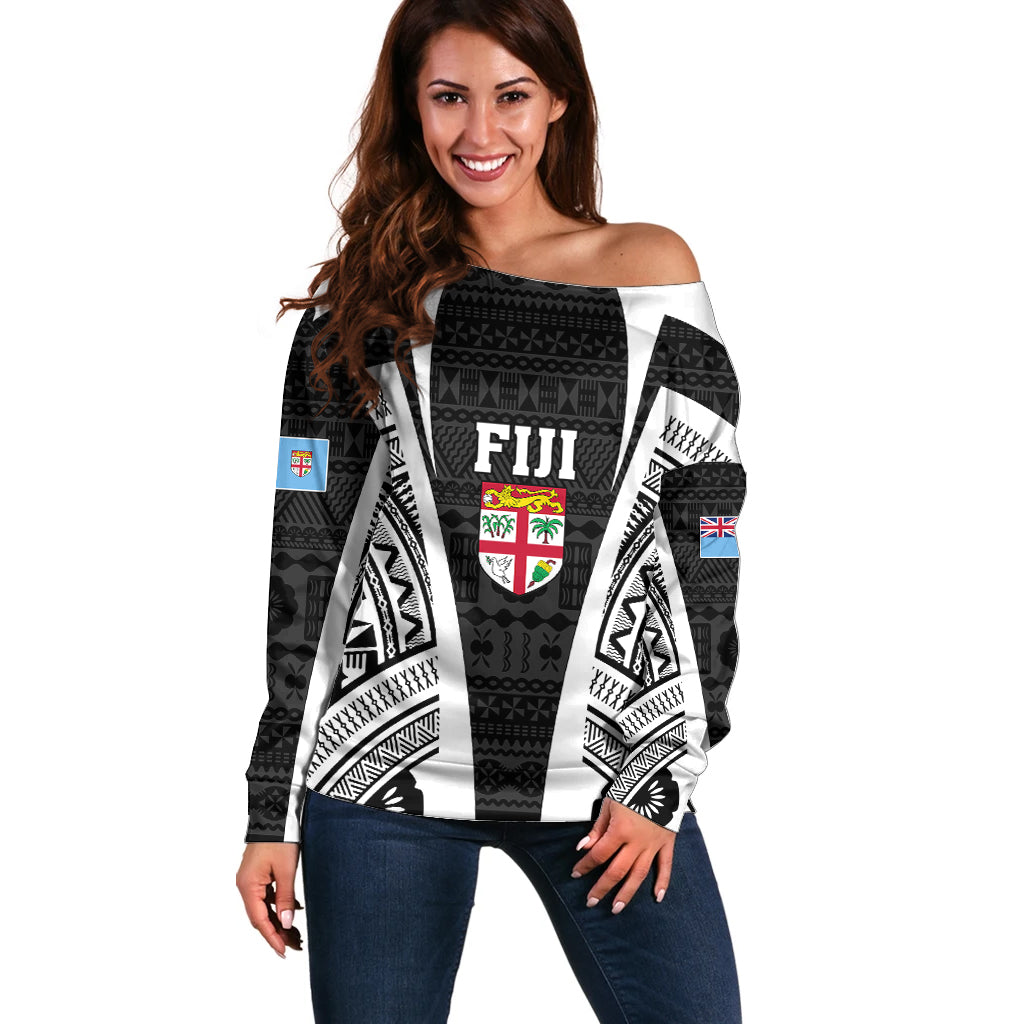 Personalised Fiji Rugby Off Shoulder Sweater 2023 World Cup History Makers - Black Ver - Wonder Print Shop