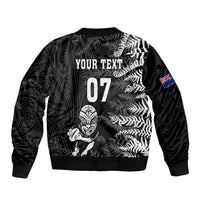 Black rugby bomber jacket back print with 'YOUR TEXT' and number 07, flag sleeve patch