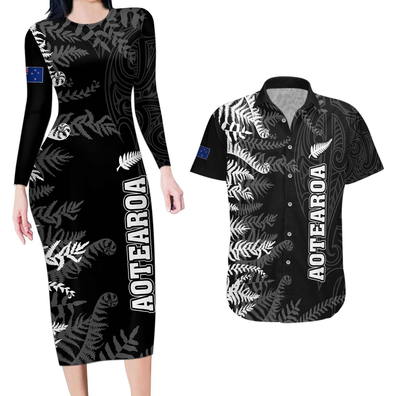 Personalised New Zealand Rugby Couples Matching Long Sleeve Bodycon Dress and Hawaiian Shirt Silver Fern Basic 2023 World Cup LT7 - Wonder Print Shop