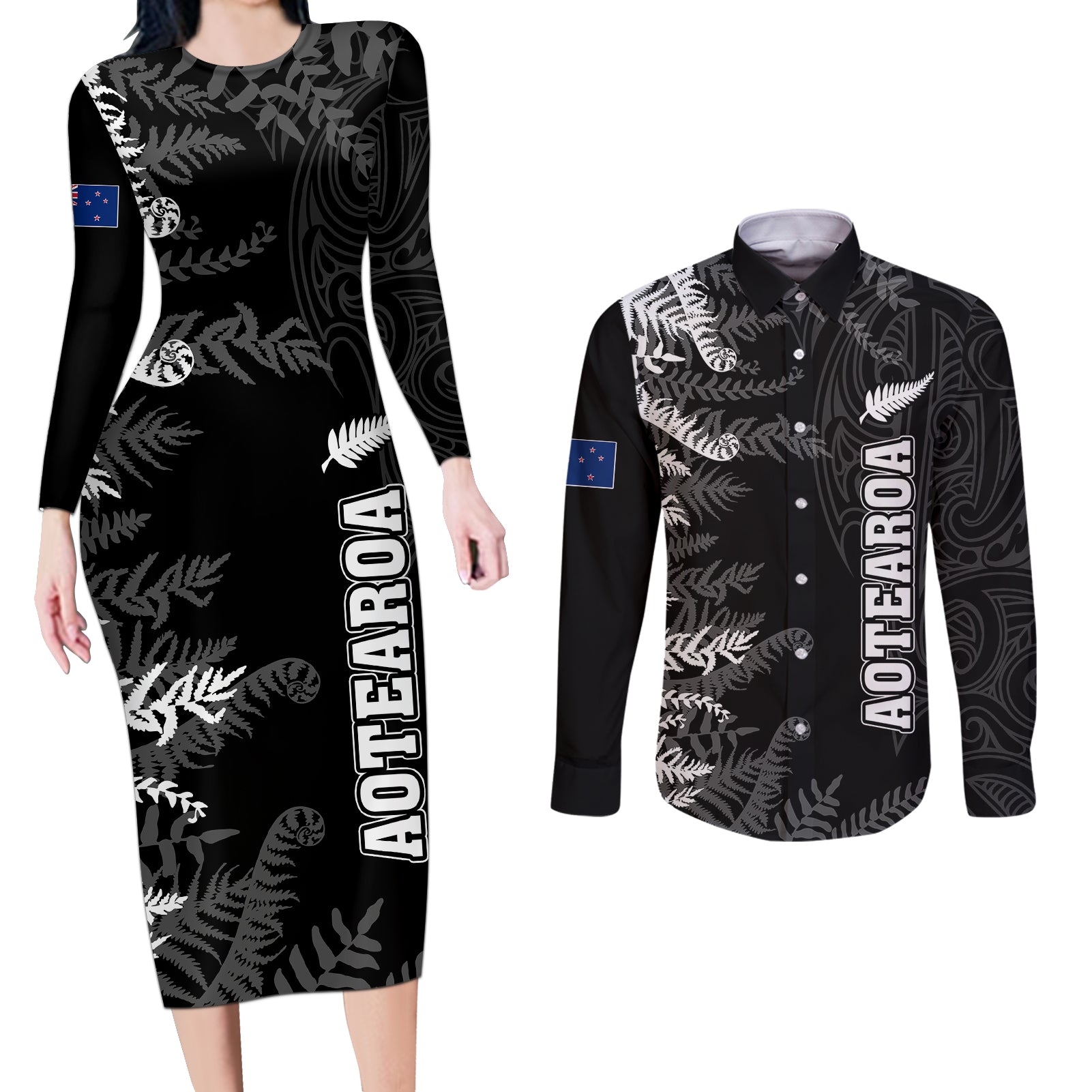 Personalised New Zealand Rugby Couples Matching Long Sleeve Bodycon Dress and Long Sleeve Button Shirts Silver Fern Basic 2023 World Cup LT7 - Wonder Print Shop