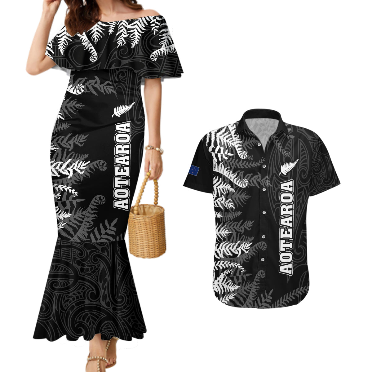 Personalised New Zealand Rugby Couples Matching Mermaid Dress and Hawaiian Shirt Silver Fern Basic 2023 World Cup LT7 - Wonder Print Shop