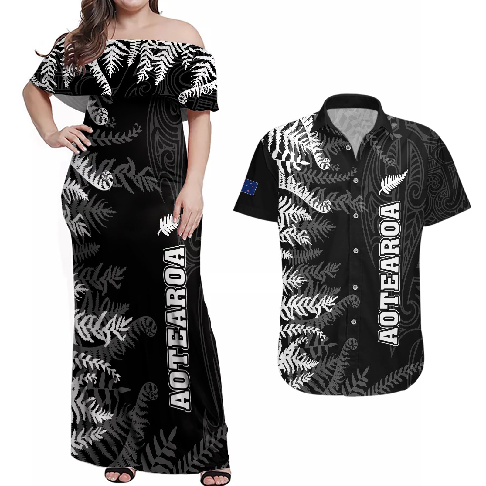 Personalised New Zealand Rugby Couples Matching Off Shoulder Maxi Dress and Hawaiian Shirt Silver Fern Basic 2023 World Cup LT7 - Wonder Print Shop