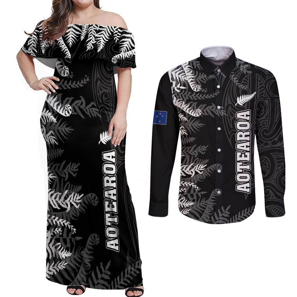 Personalised New Zealand Rugby Couples Matching Off Shoulder Maxi Dress and Long Sleeve Button Shirts Silver Fern Basic 2023 World Cup LT7 - Wonder Print Shop