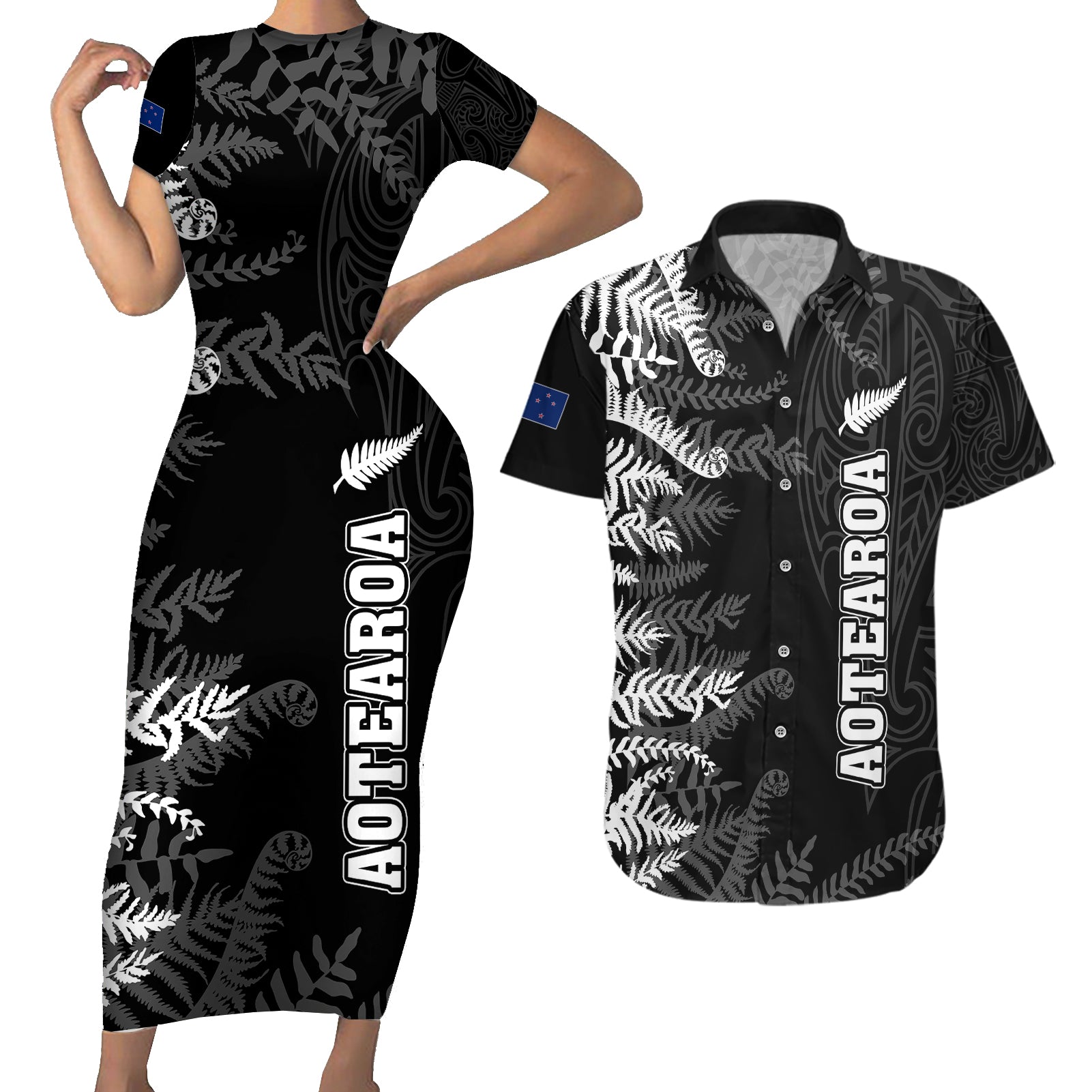 Personalised New Zealand Rugby Couples Matching Short Sleeve Bodycon Dress and Hawaiian Shirt Silver Fern Basic 2023 World Cup LT7 - Wonder Print Shop