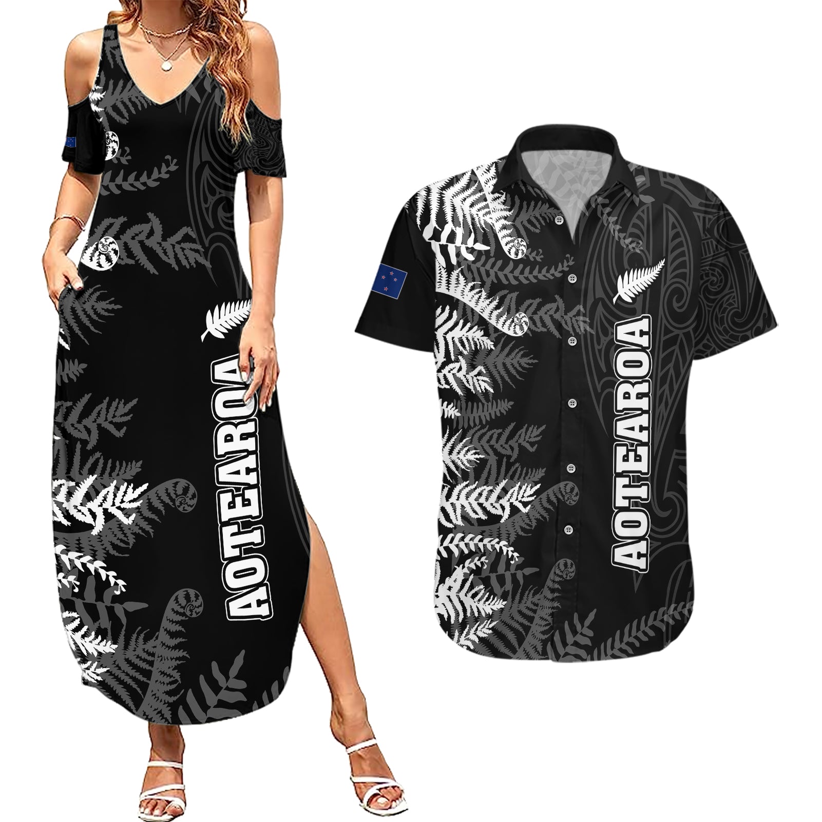 Personalised New Zealand Rugby Couples Matching Summer Maxi Dress and Hawaiian Shirt Silver Fern Basic 2023 World Cup LT7 - Wonder Print Shop