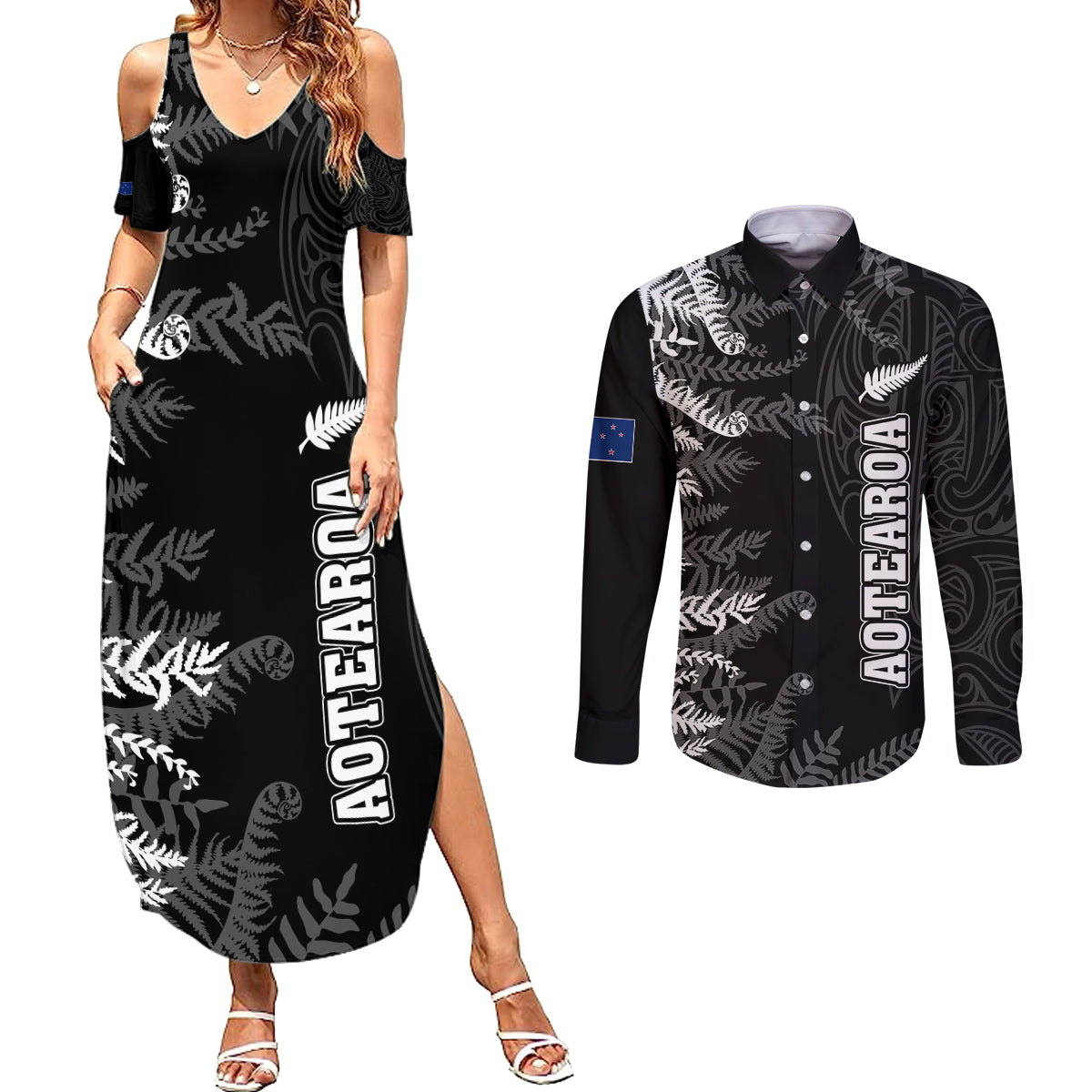 Personalised New Zealand Rugby Couples Matching Summer Maxi Dress and Long Sleeve Button Shirts Silver Fern Basic 2023 World Cup LT7 - Wonder Print Shop