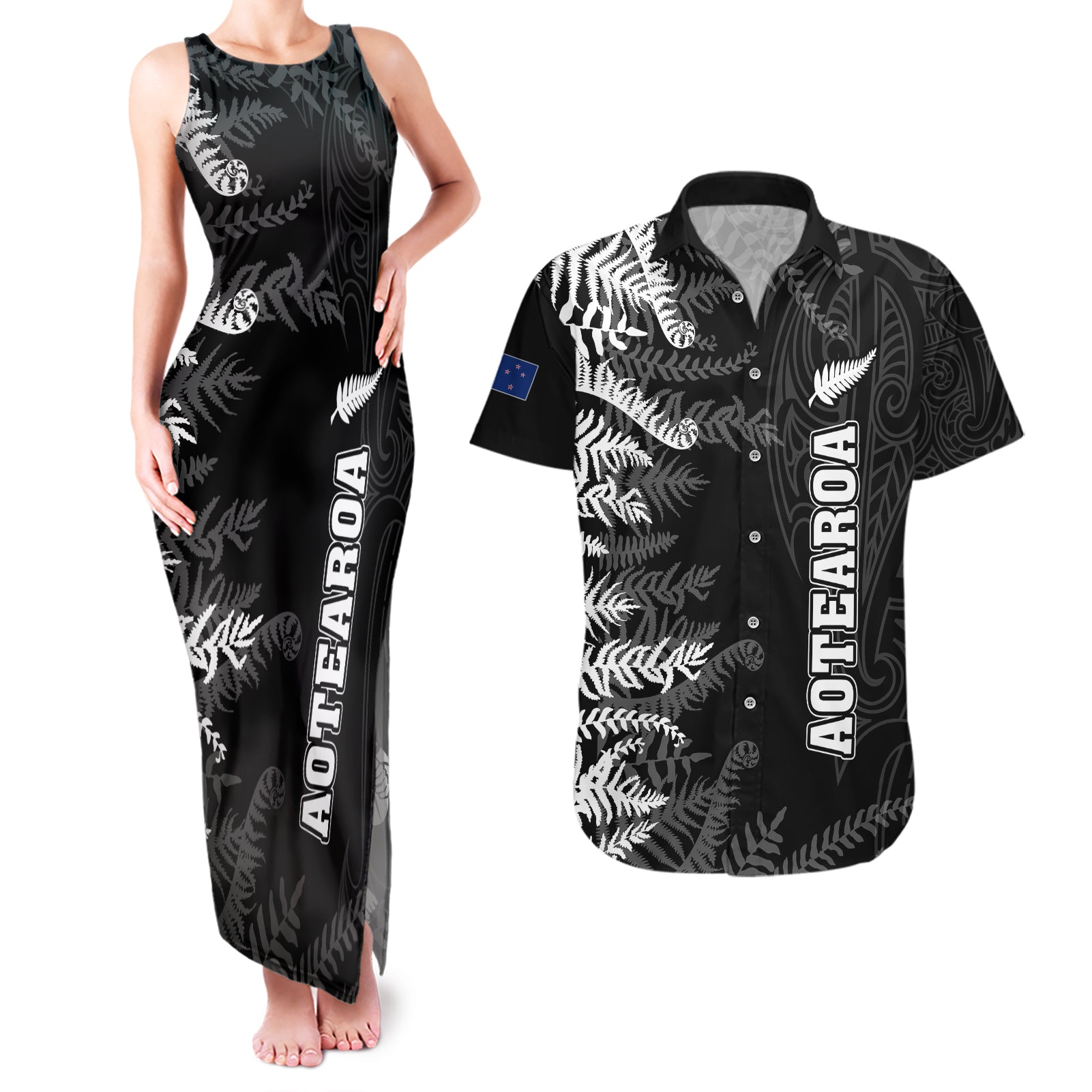 Personalised New Zealand Rugby Couples Matching Tank Maxi Dress and Hawaiian Shirt Silver Fern Basic 2023 World Cup LT7 - Wonder Print Shop