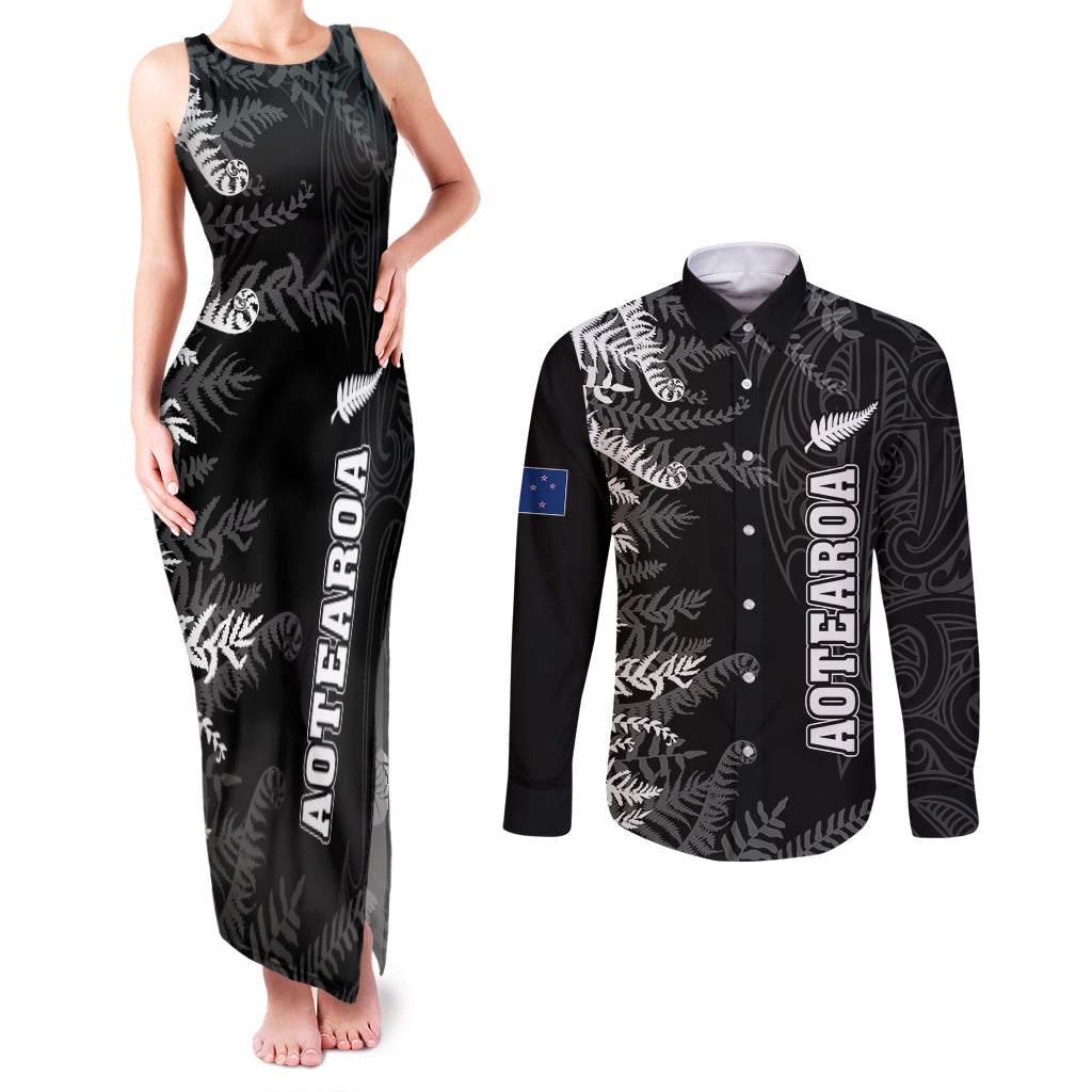 Personalised New Zealand Rugby Couples Matching Tank Maxi Dress and Long Sleeve Button Shirts Silver Fern Basic 2023 World Cup LT7 - Wonder Print Shop