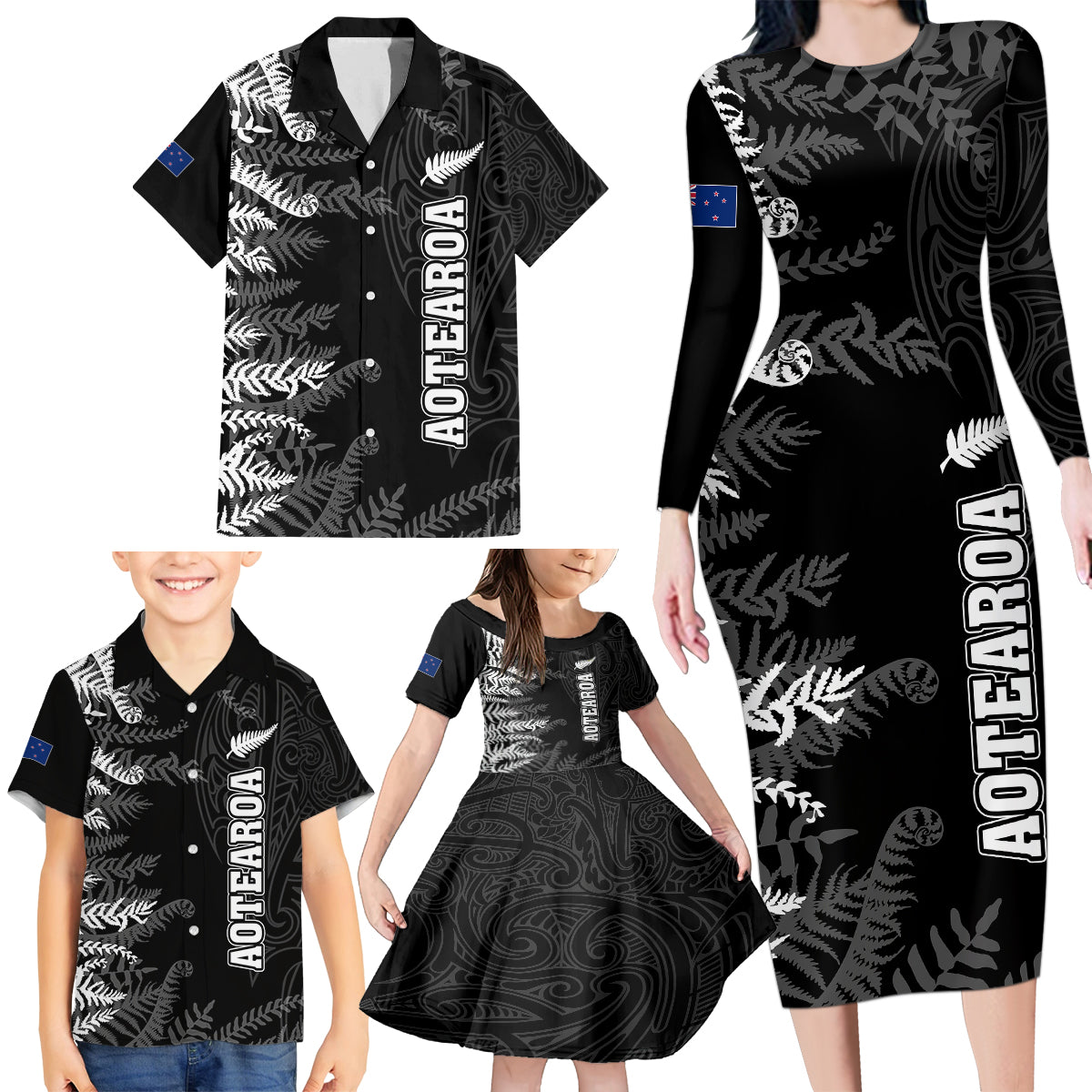 Personalised New Zealand Rugby Family Matching Long Sleeve Bodycon Dress and Hawaiian Shirt Silver Fern Basic 2023 World Cup LT7 - Wonder Print Shop