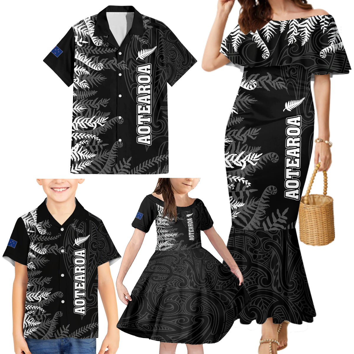 Personalised New Zealand Rugby Family Matching Mermaid Dress and Hawaiian Shirt Silver Fern Basic 2023 World Cup LT7 - Wonder Print Shop