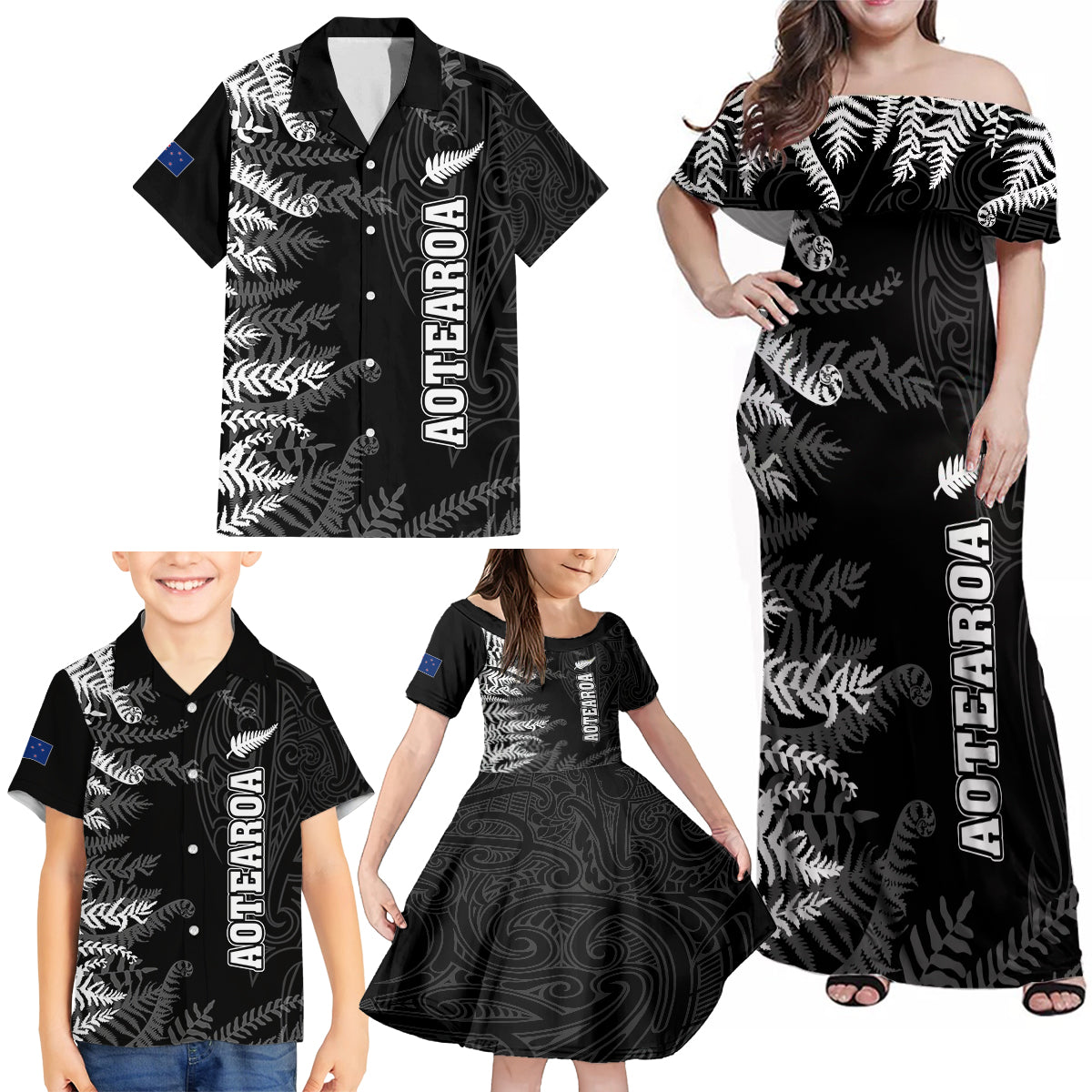 Personalised New Zealand Rugby Family Matching Off Shoulder Maxi Dress and Hawaiian Shirt Silver Fern Basic 2023 World Cup LT7 - Wonder Print Shop