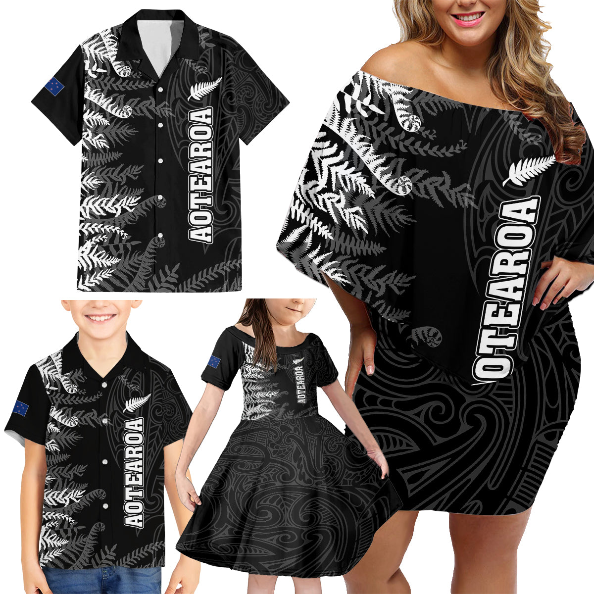 Personalised New Zealand Rugby Family Matching Off Shoulder Short Dress and Hawaiian Shirt Silver Fern Basic 2023 World Cup LT7 - Wonder Print Shop