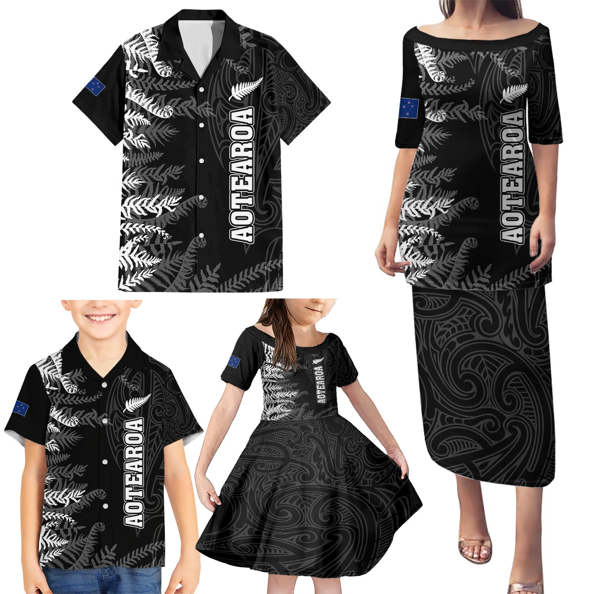 Personalised New Zealand Rugby Family Matching Puletasi Dress and Hawaiian Shirt Silver Fern Basic 2023 World Cup - Wonder Print Shop