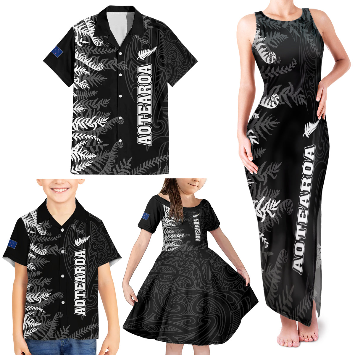 Personalised New Zealand Rugby Family Matching Tank Maxi Dress and Hawaiian Shirt Silver Fern Basic 2023 World Cup - Wonder Print Shop