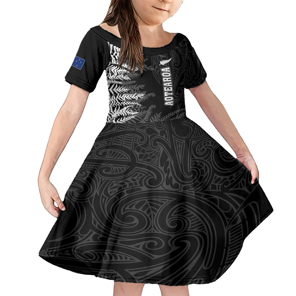 Personalised New Zealand Rugby Kid Short Sleeve Dress Silver Fern Basic 2023 World Cup - Wonder Print Shop